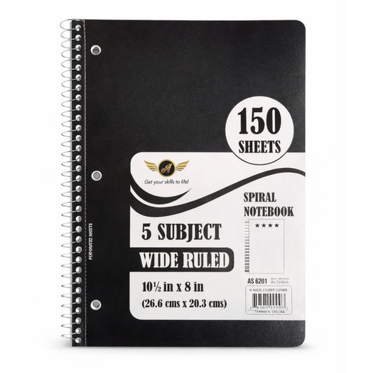 Premium 5-Subject Spiral Notebook 150 Sheets Wide Ruled