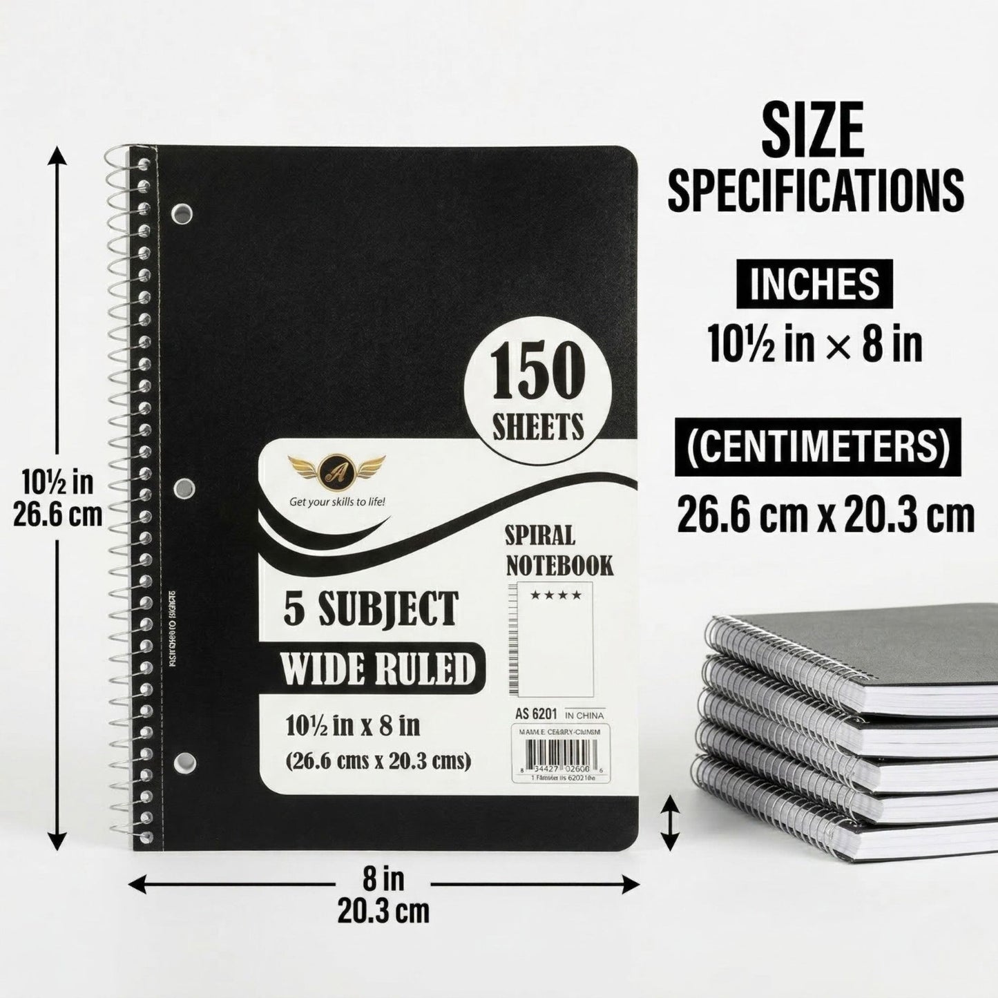 5-Subject Spiral Notebook 150 Sheets Wide Ruled Premium