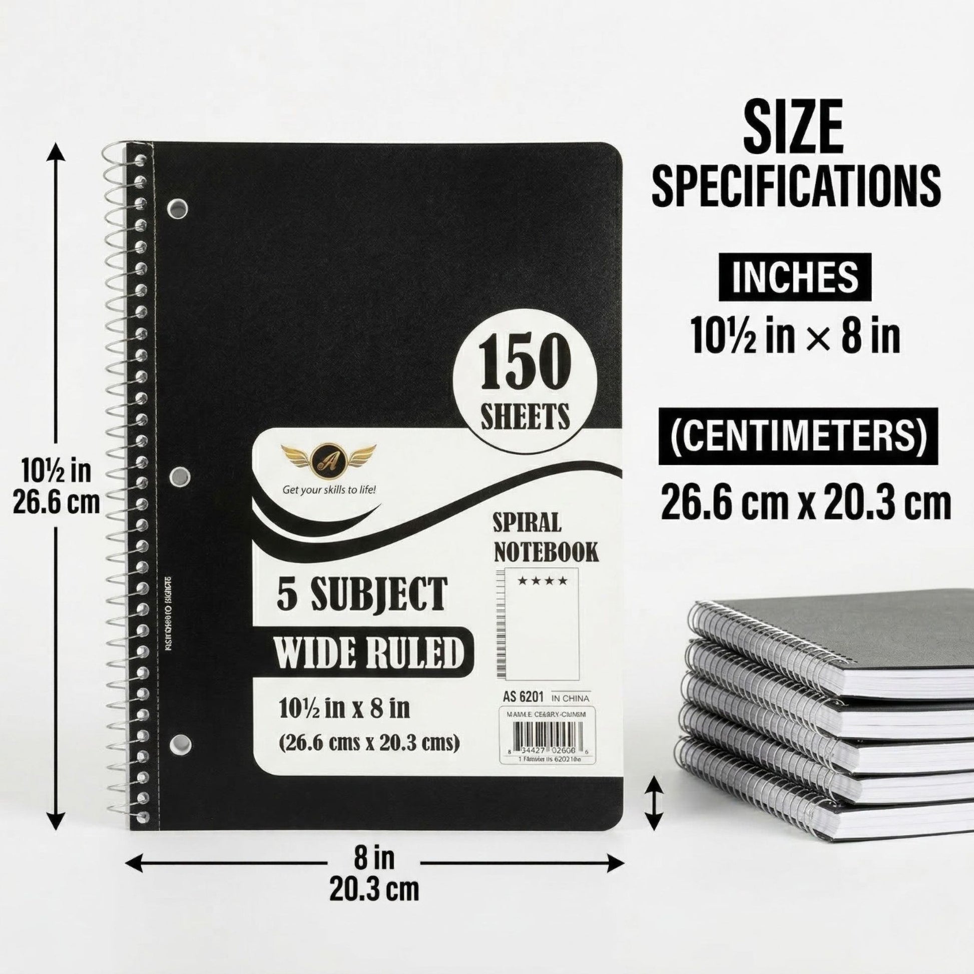 5-Subject Spiral Notebook 150 Sheets Wide Ruled Premium