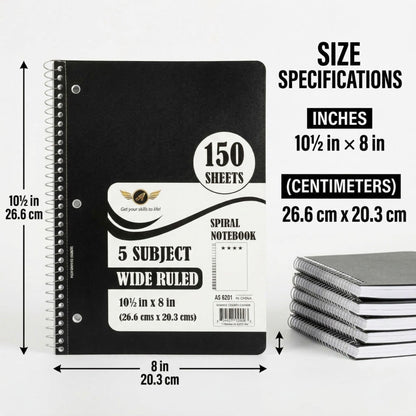 5-Subject Spiral Notebook 150 Sheets Wide Ruled Premium