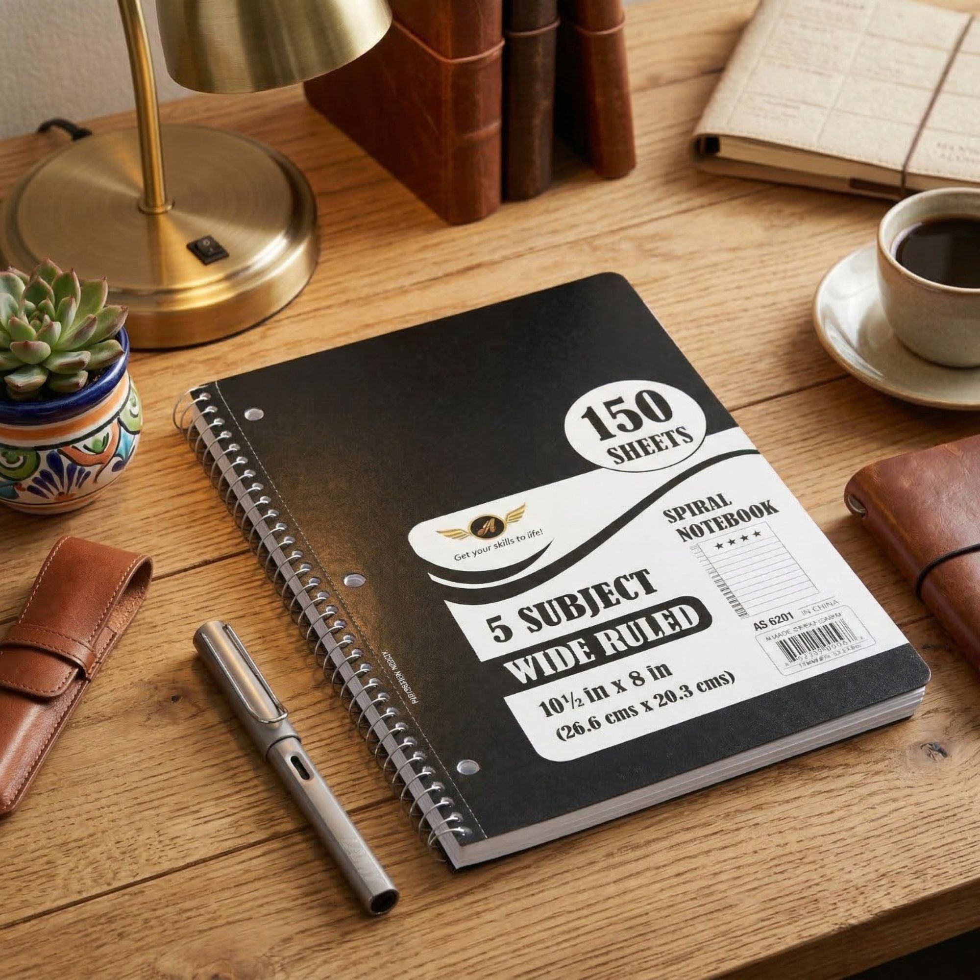 Premium 5 Subject Spiral Notebook 150 Sheets Wide Ruled size and feature image