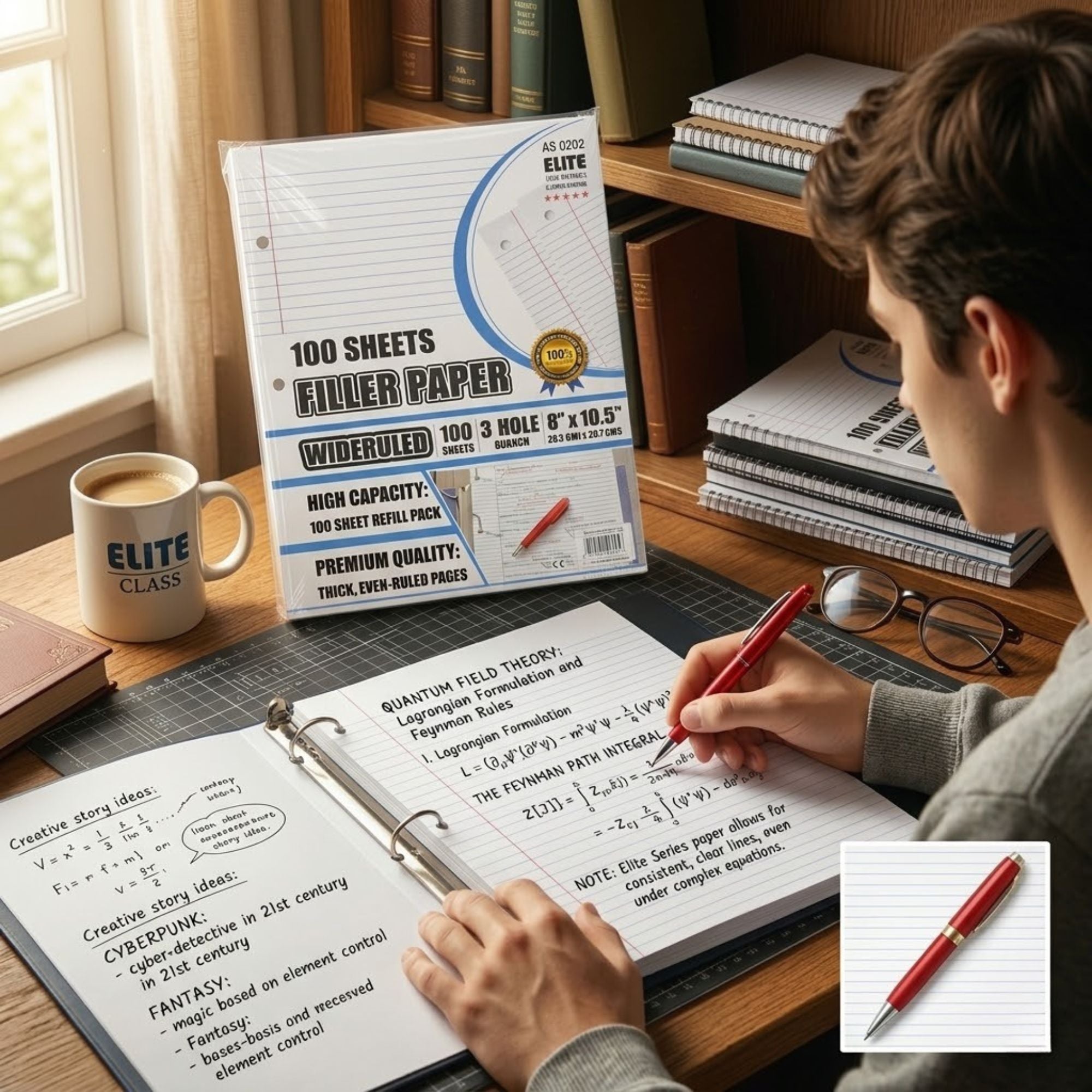Elite Series Wide Ruled Filler Paper 3 Hole Punched 100 CT lifestyle use image