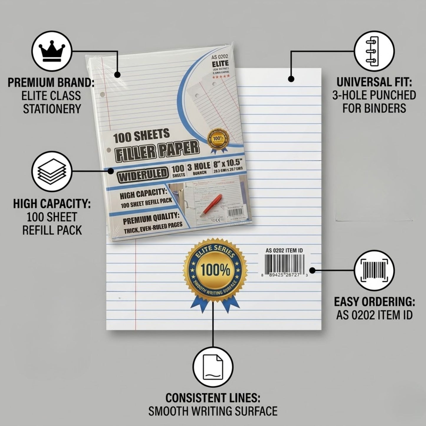 Elite Series Wide Ruled Filler Paper 3 Hole Punched 100 CT size and feature image