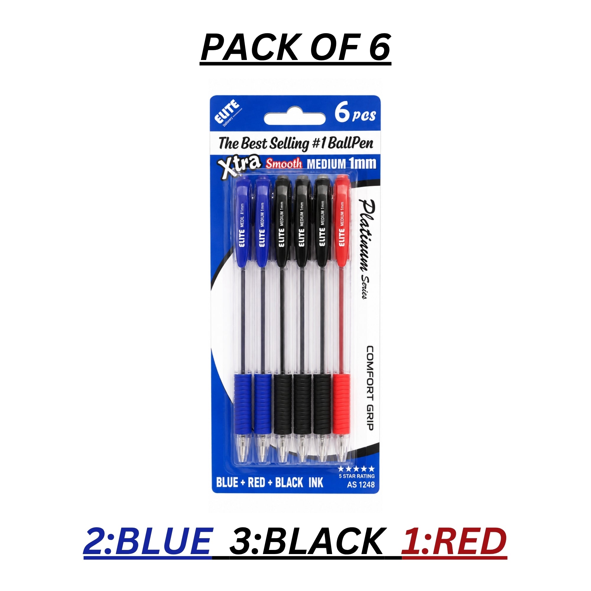 Medium Point Ballpoint Pens 6 Pack Comfort Grip