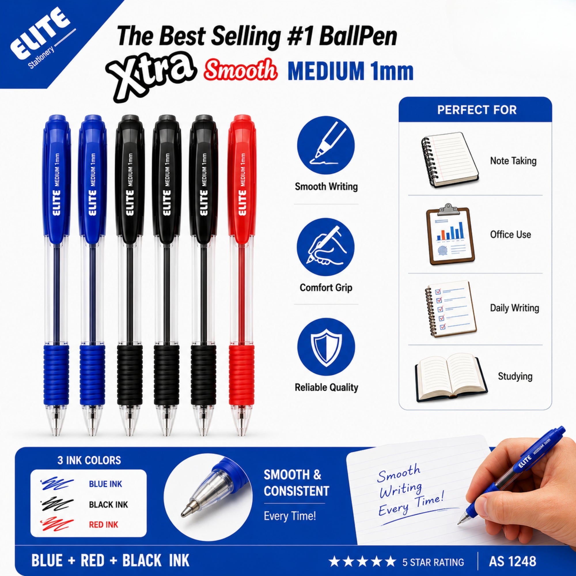 6 Pack Smooth Writing Ballpoint Pens Medium Tip