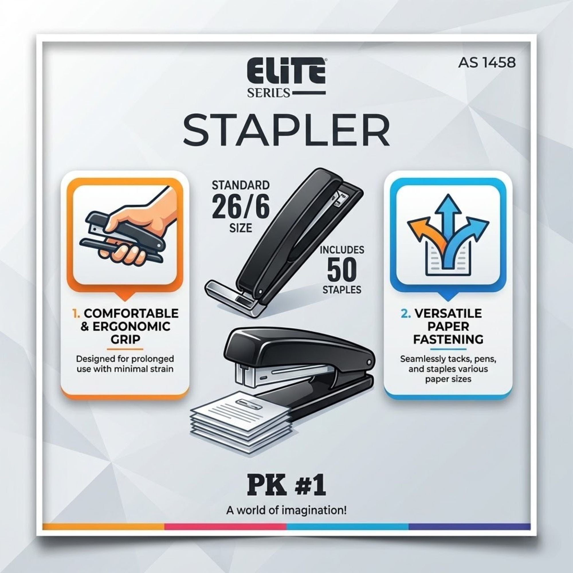 Elite Series AS 1458 Ergonomic Black Desktop Stapler (26/6) 50 Staples size and feature image