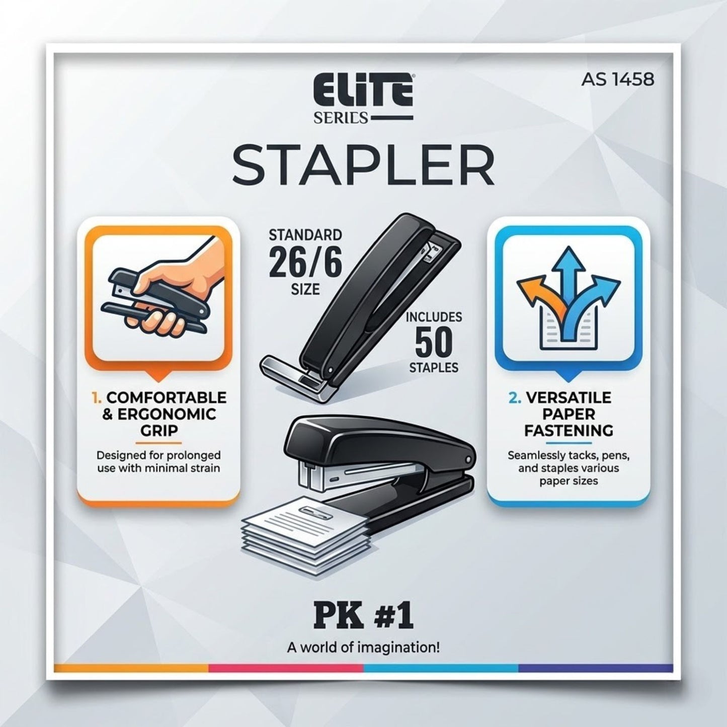 Elite Series AS 1458 Ergonomic Black Desktop Stapler (26/6) 50 Staples size and feature image