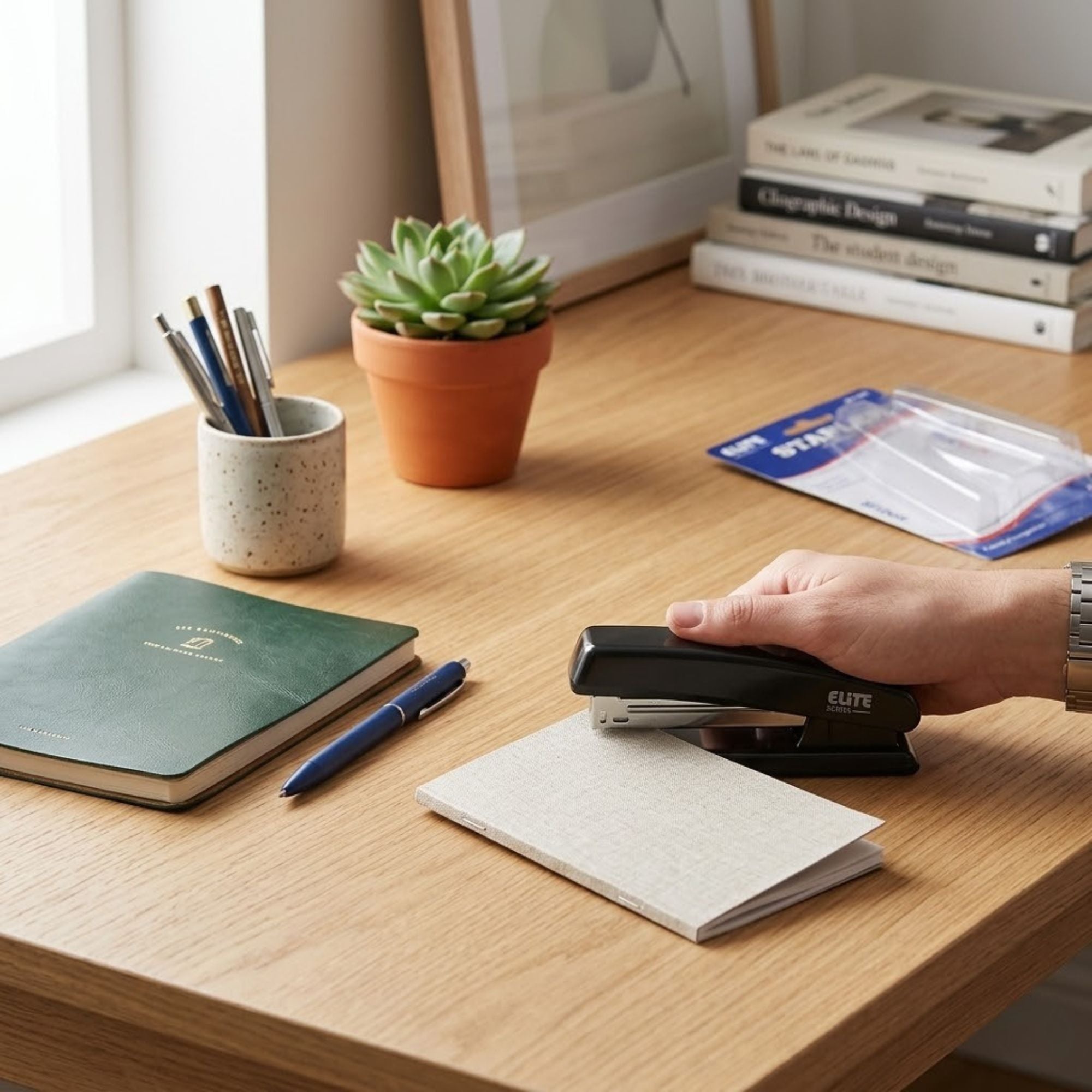 Elite Series AS 1458 Ergonomic Black Desktop Stapler (26/6) 50 Staples lifestyle use image