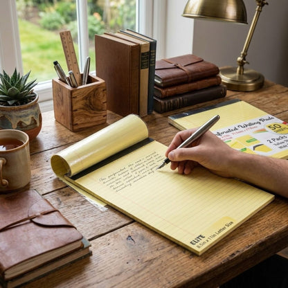 Elite Yellow Perforated Writing Pads Wide Ruled Set