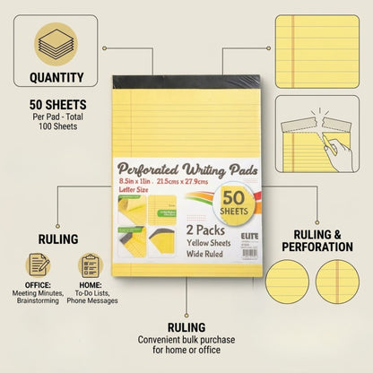 Set of Elite Yellow Perforated Writing Pads Wide Ruled