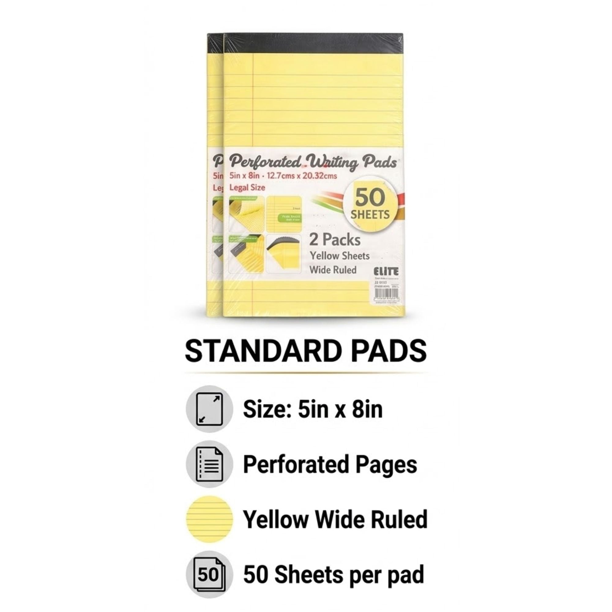 Elite Yellow Perforated Writing Pads 5" x 8" Legal Size Notepad product detail image