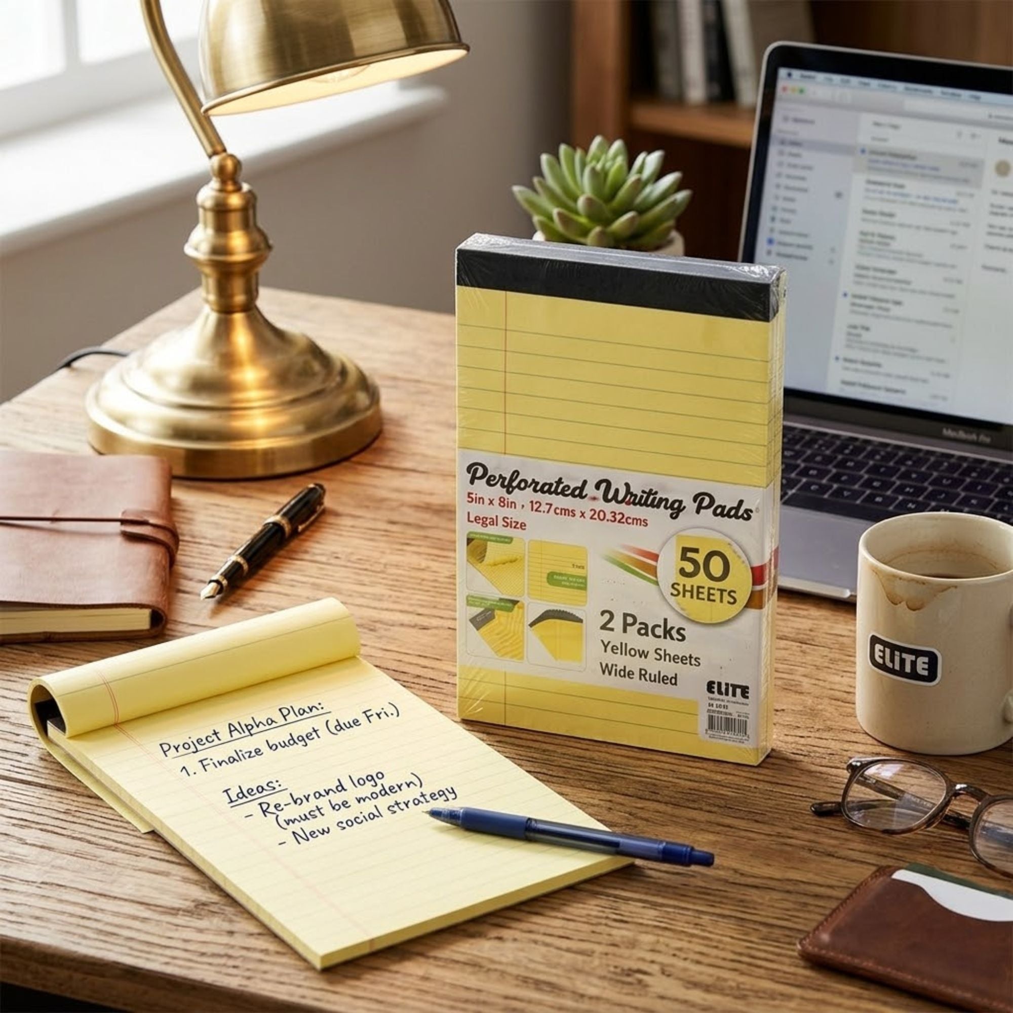 Elite Yellow Perforated Writing Pads 5" x 8" Legal Size Notepad size and feature image