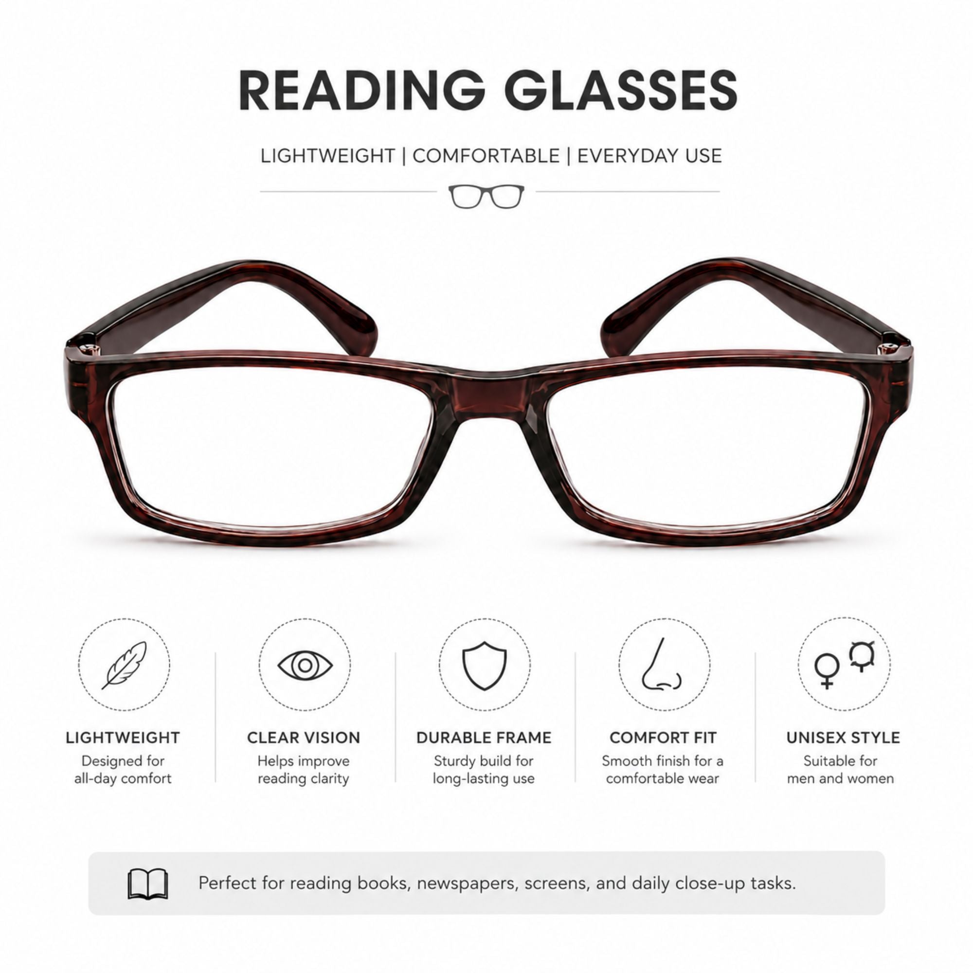 Unisex Lightweight Rectangular Reading Glasses Readers