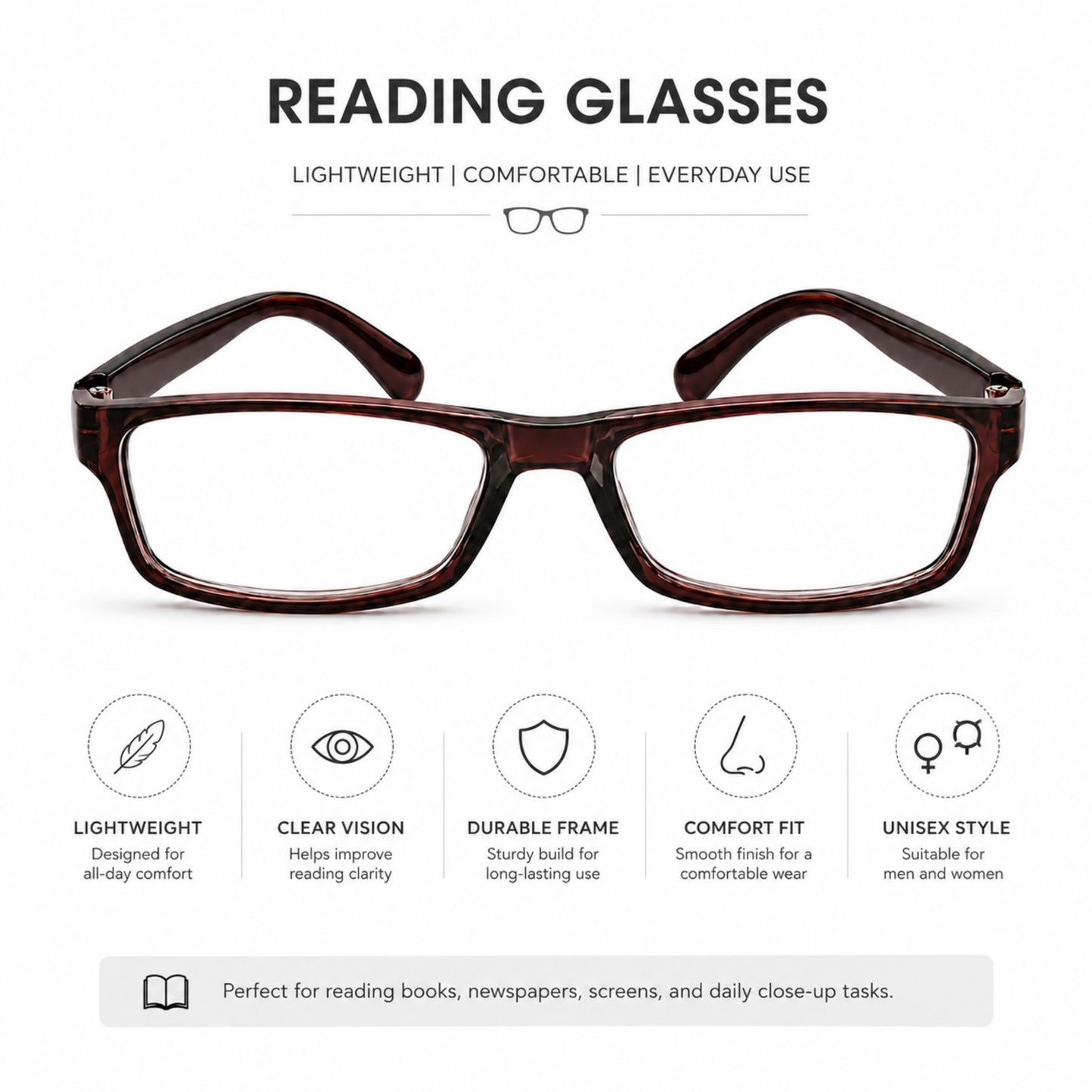 Unisex Lightweight Rectangular Reading Glasses Readers