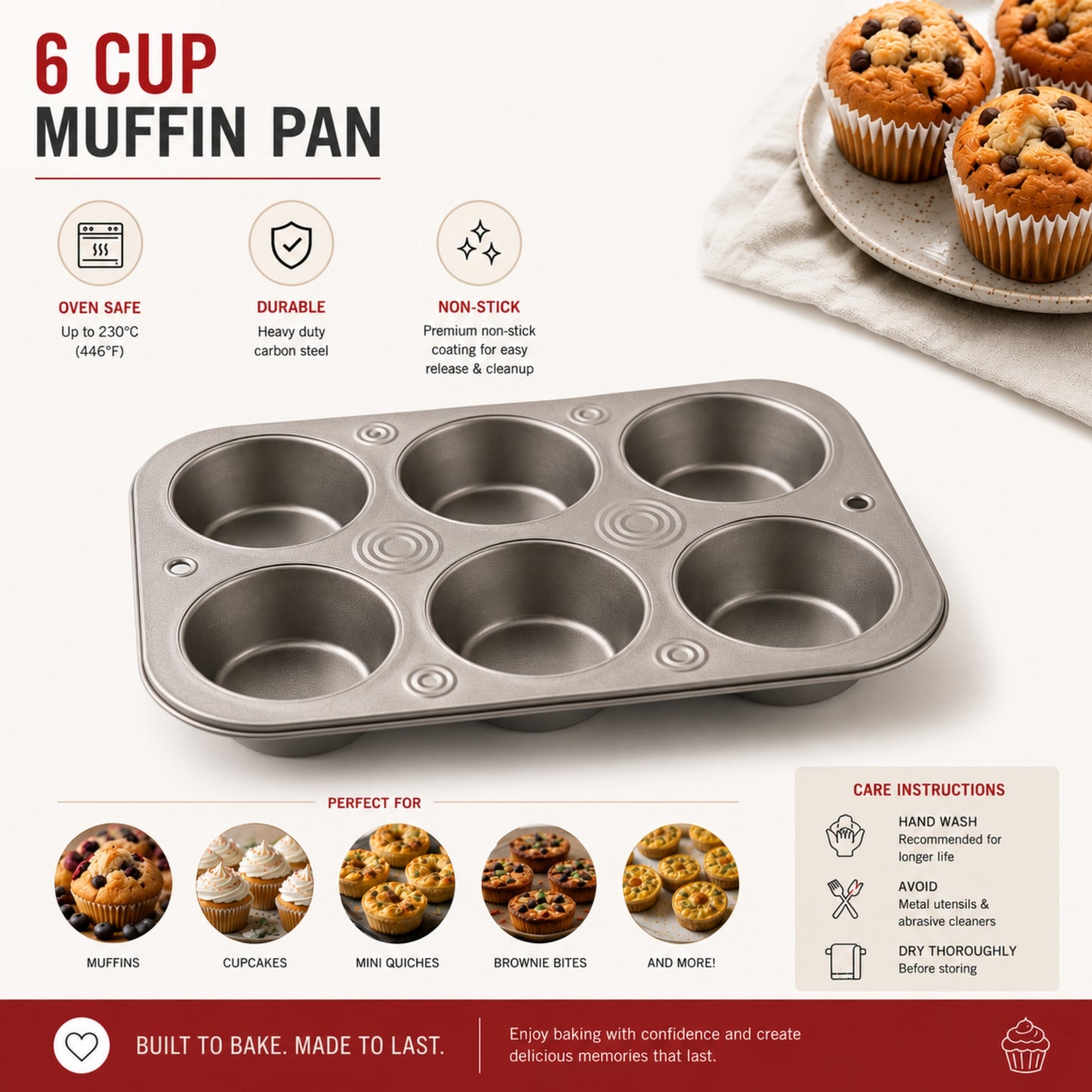 6 Cup Cupcake Baking Pan with Nonstick Surface