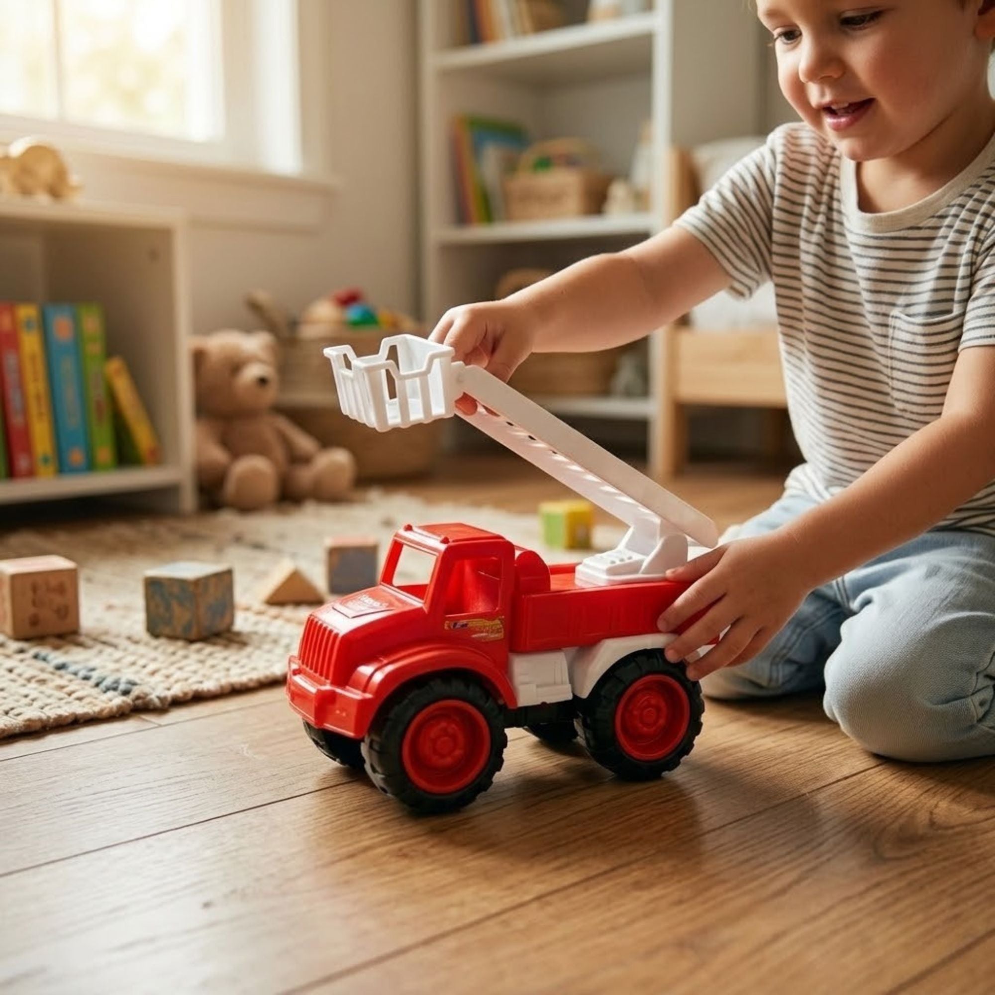 Kids Fire Truck Toy with Ladder Red Rescue Vehicle Play Truck Toy, Car size and feature image