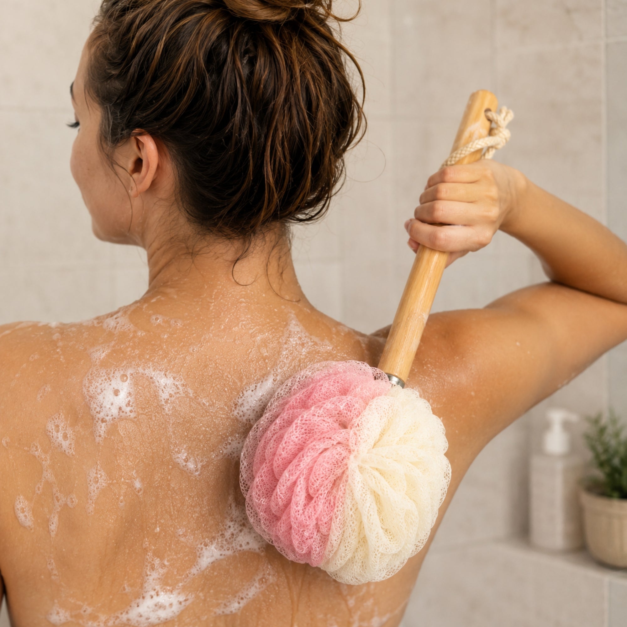 Loofah Bath Brush with Long Wooden Handle for Body Care