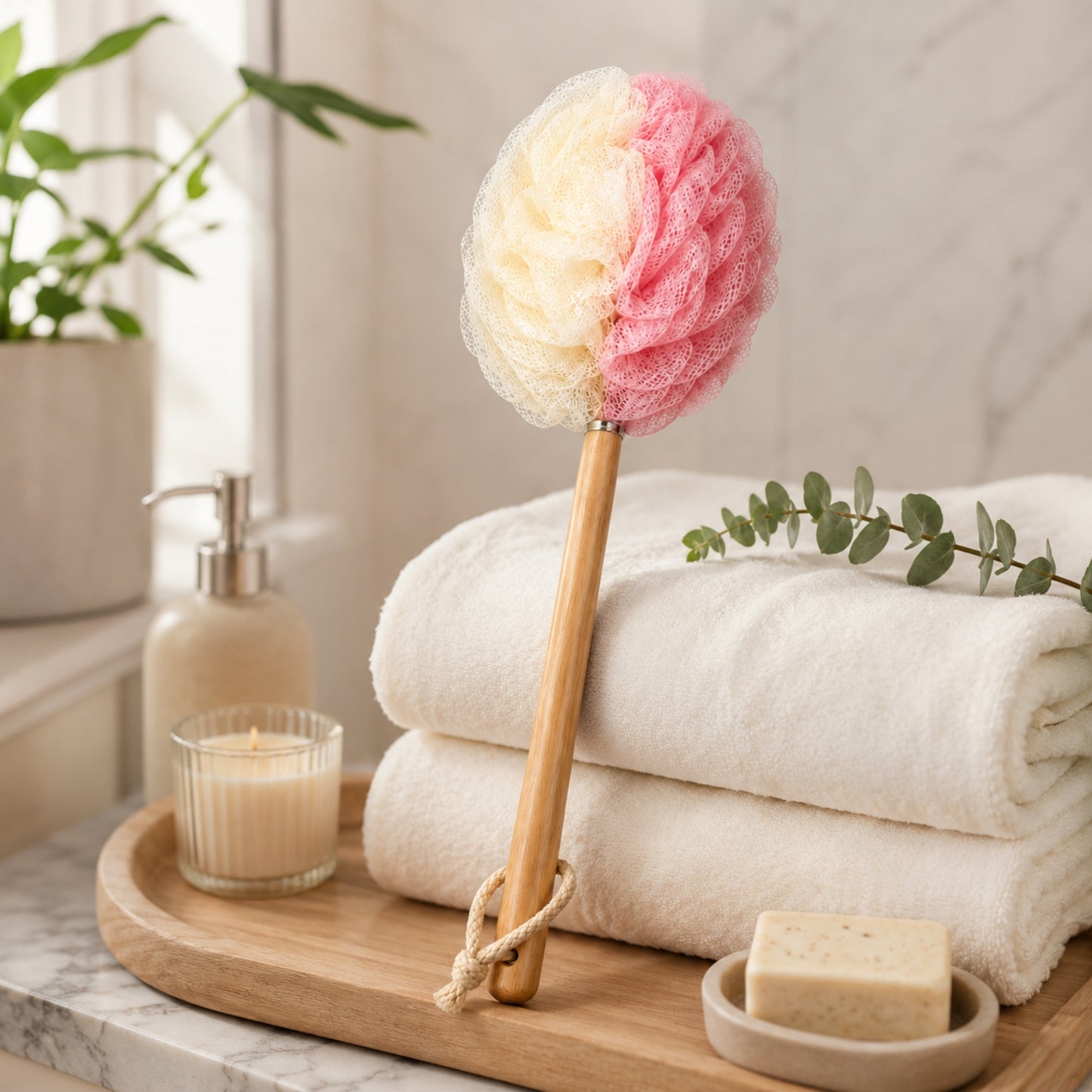 Natural Bamboo Loofah Brush for Shower Exfoliation and Massage