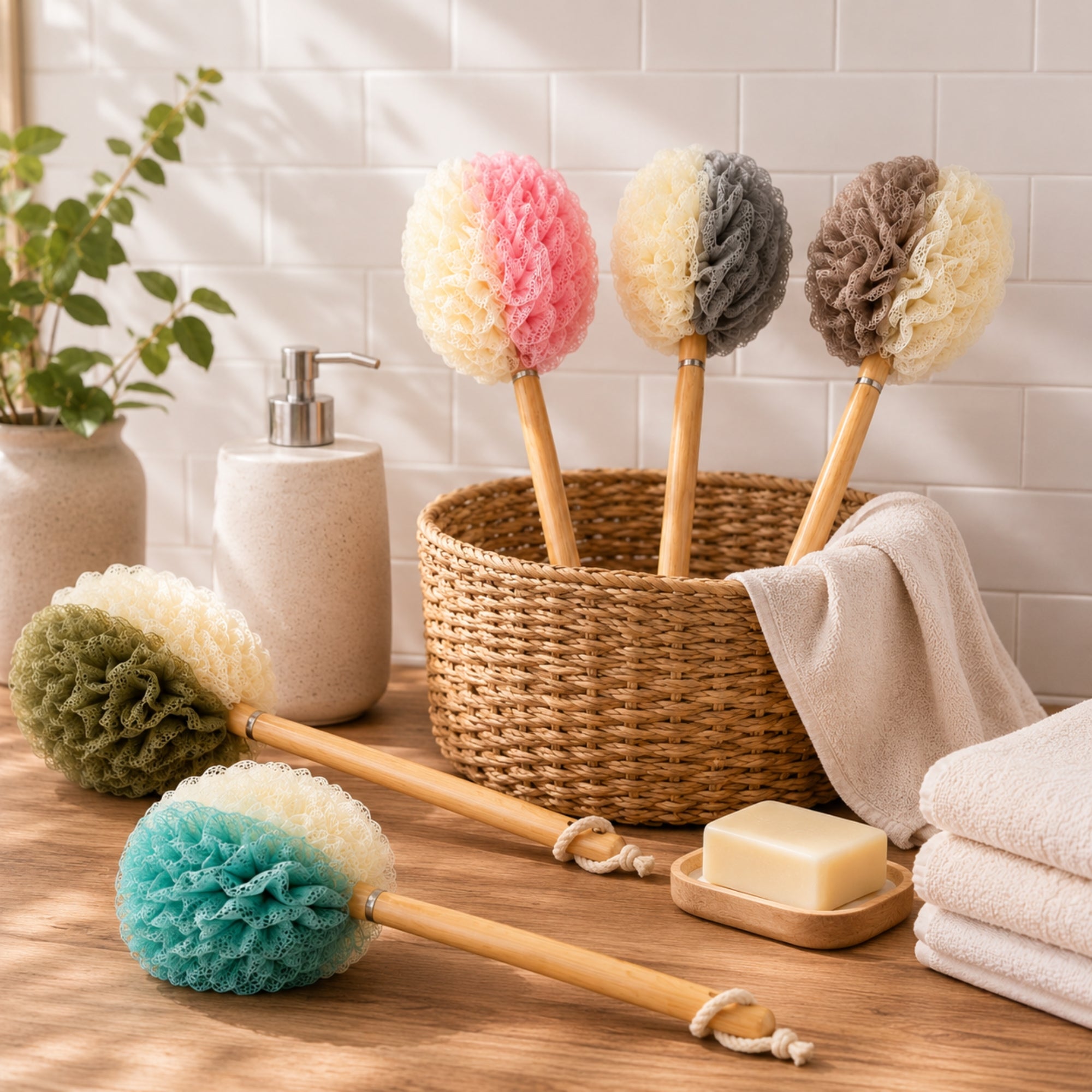 Long Reach Loofah Bath Brush with Bamboo Handle for Skin Care