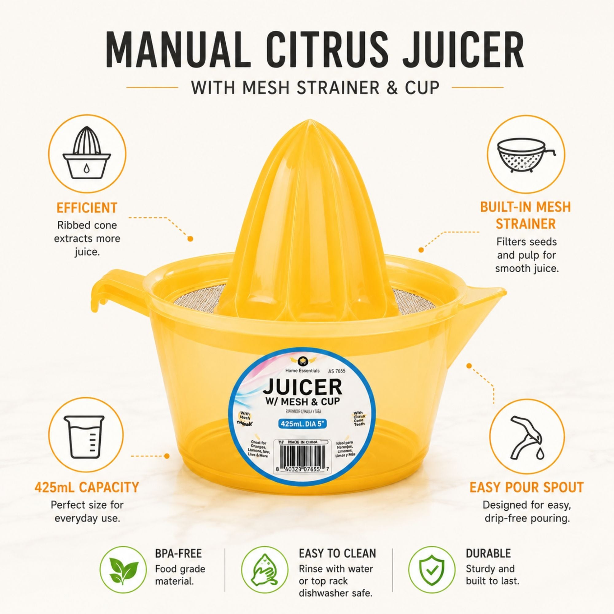 Lemon and Orange Juicer with Built In Mesh Strainer Cup