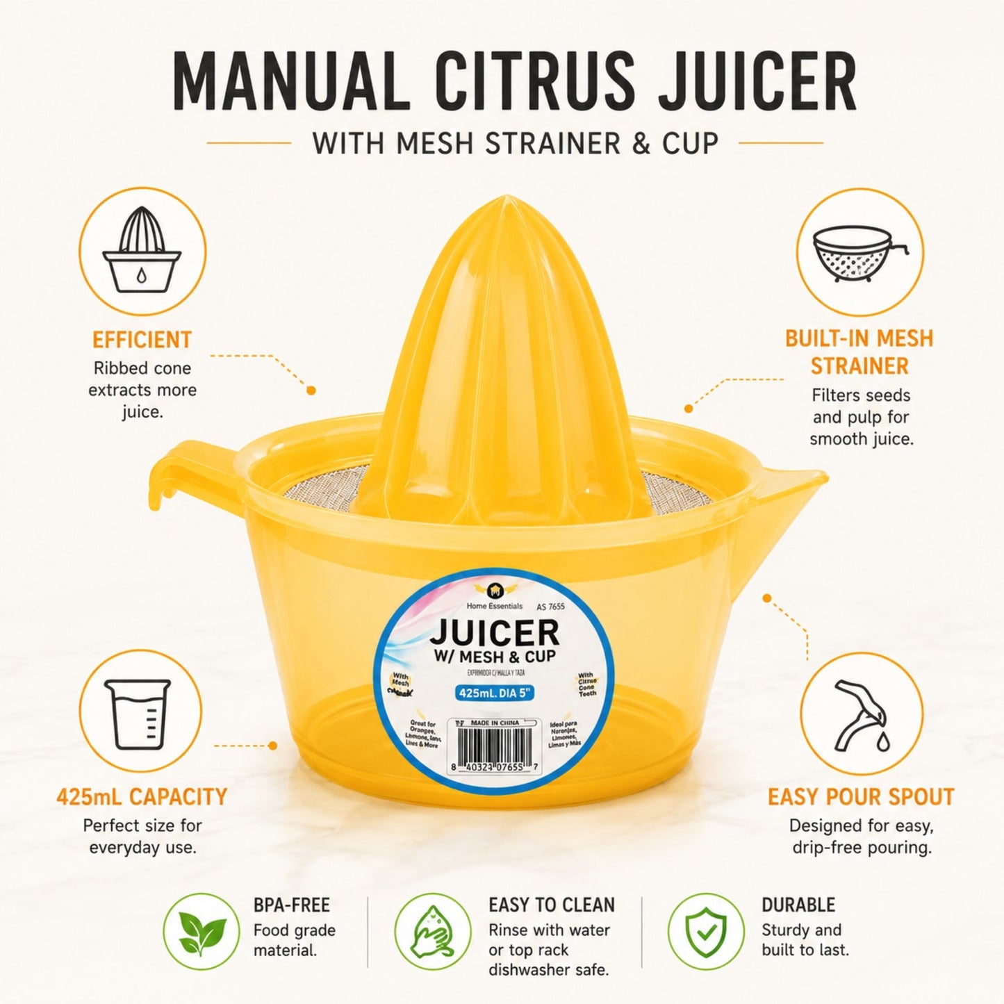 Lemon and Orange Juicer with Built In Mesh Strainer Cup