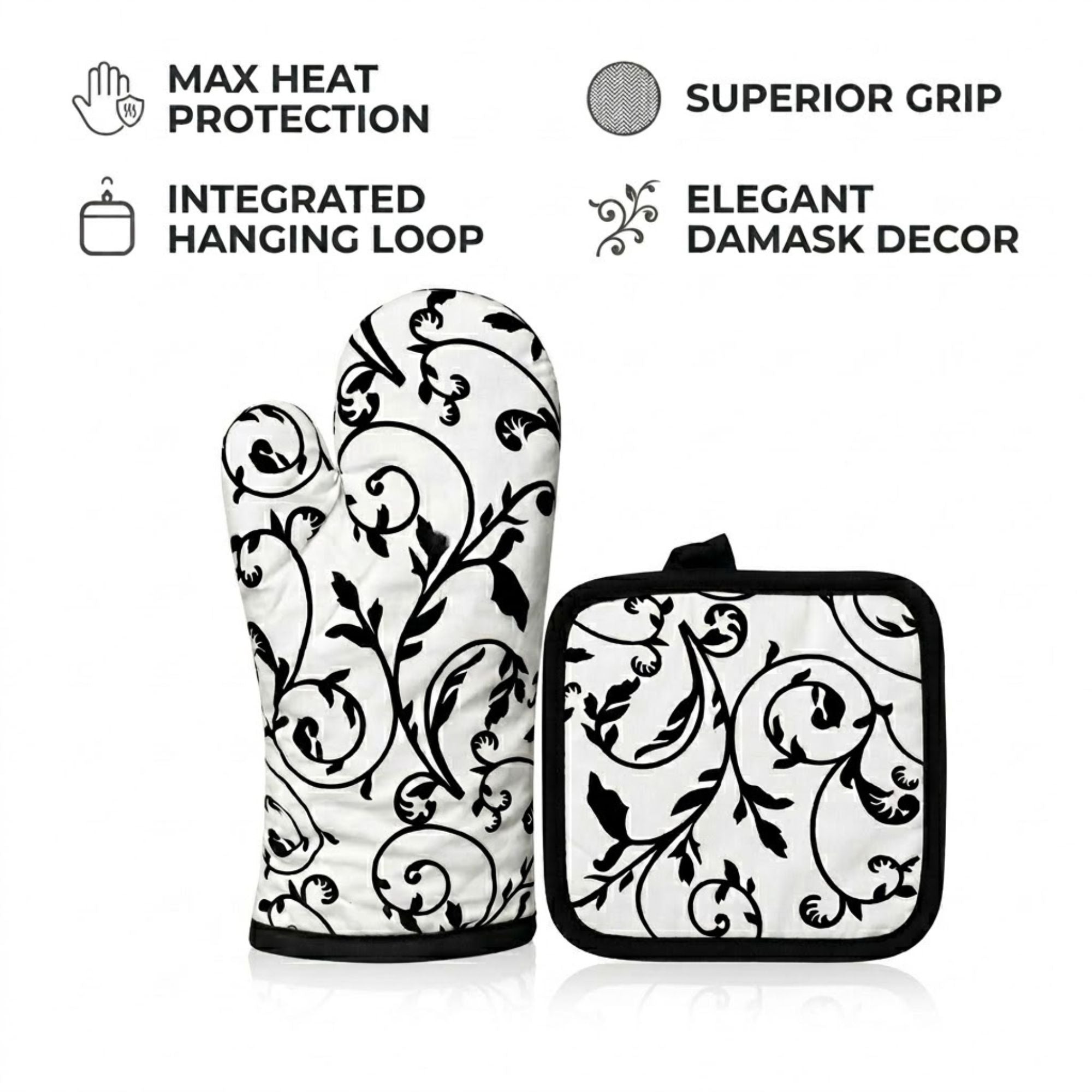 2 Pack Kitchen Oven Mitt & Pot Holder Set Heat Resistant Kitchen Set size and feature image