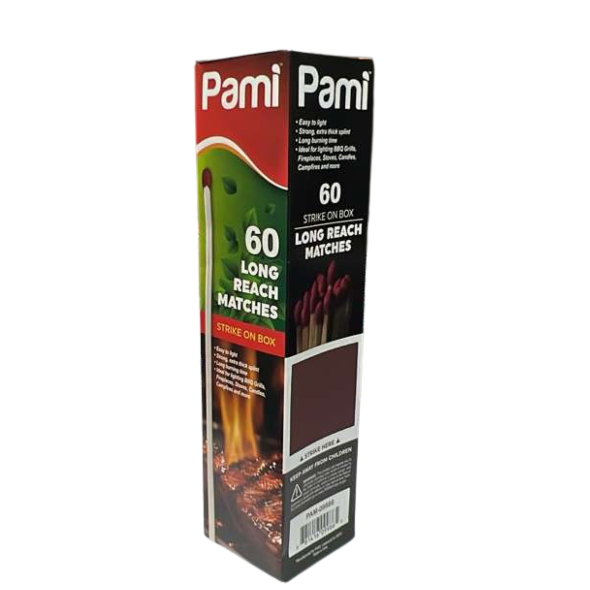 Pami long reach matches packaging with a matchstick on a white background