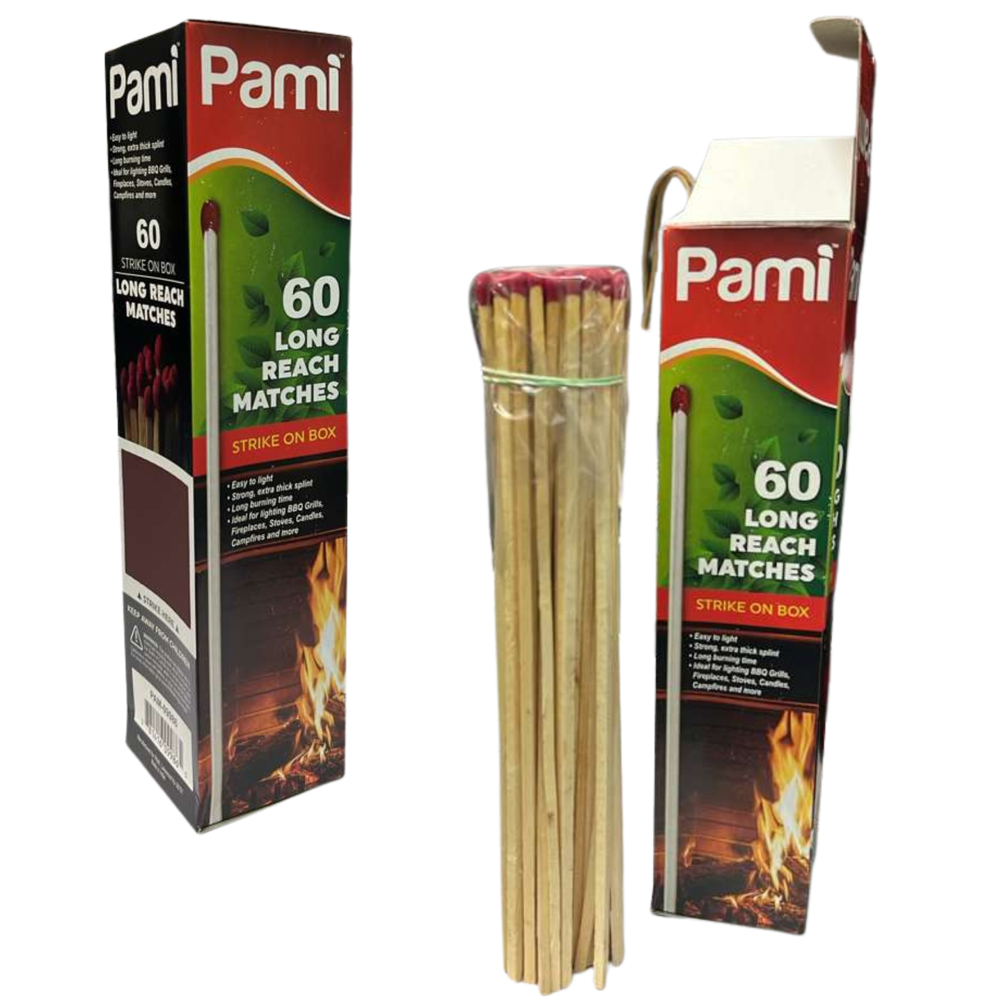 Pami long reach matches packaging with matches displayed in front