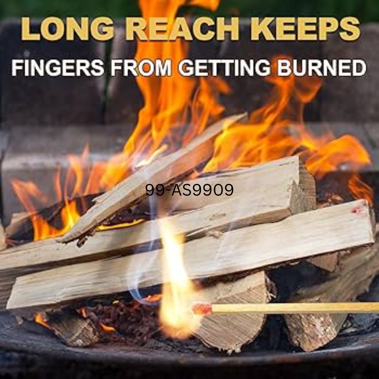 Firewood being lit with flames and text about long reach tools.