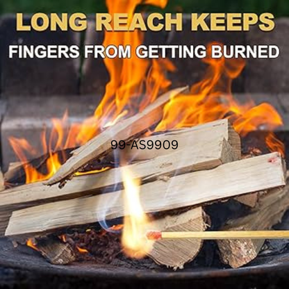 Firewood being lit with flames and text about long reach tools.