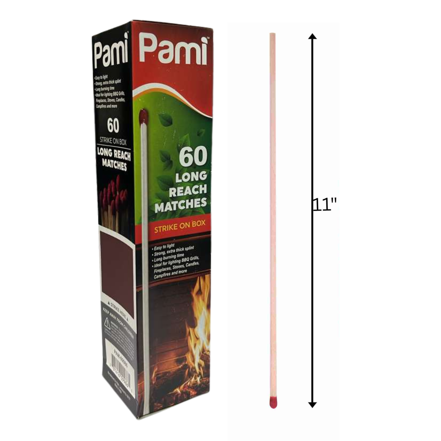 Pami long reach matches packaging with a matchstick on a white background