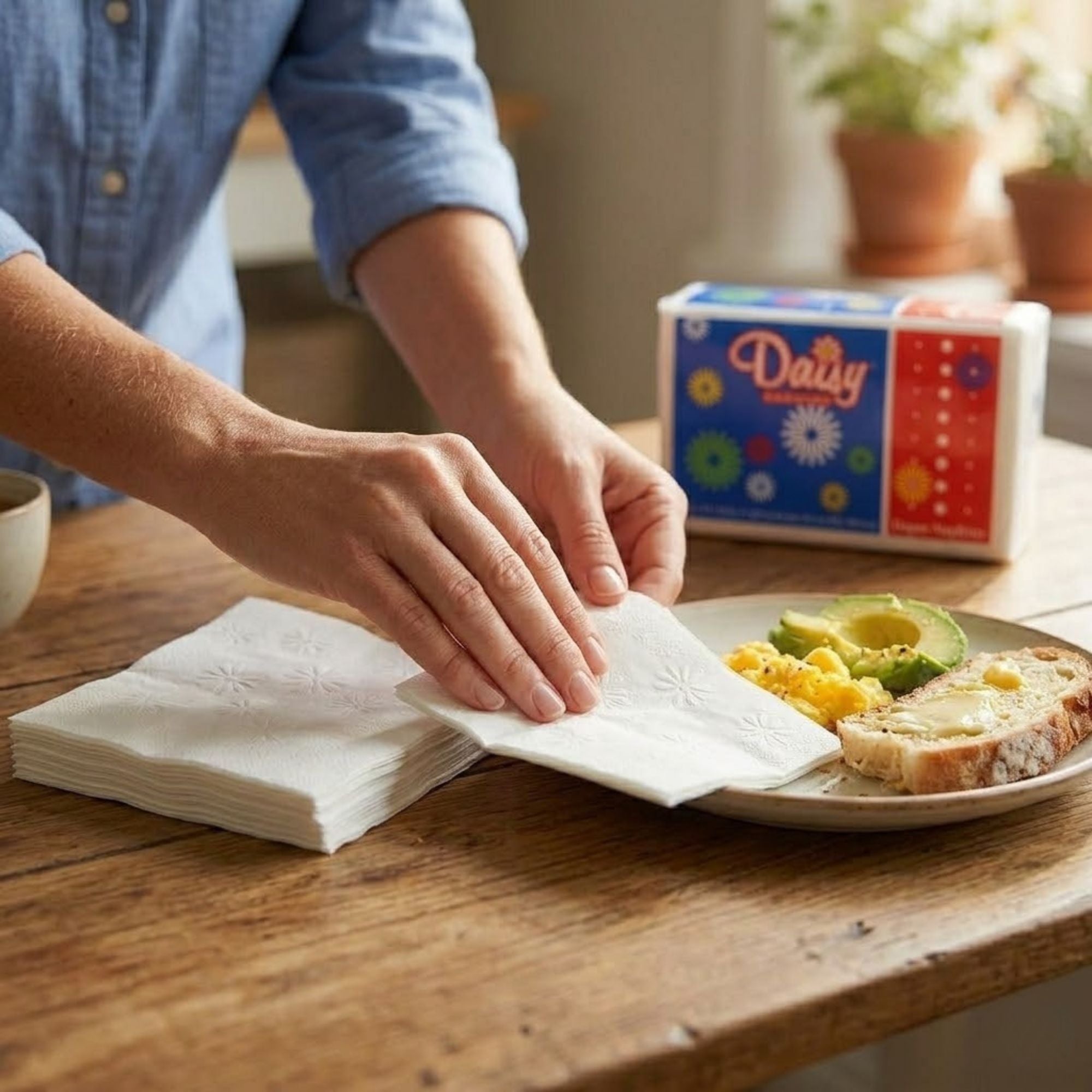 150 ct Daisy Paper Napkins Soft & Absorbent Disposable Napkins lifestyle use image