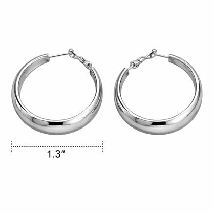 Pair of silver hoop earrings with a measurement label on a white background
