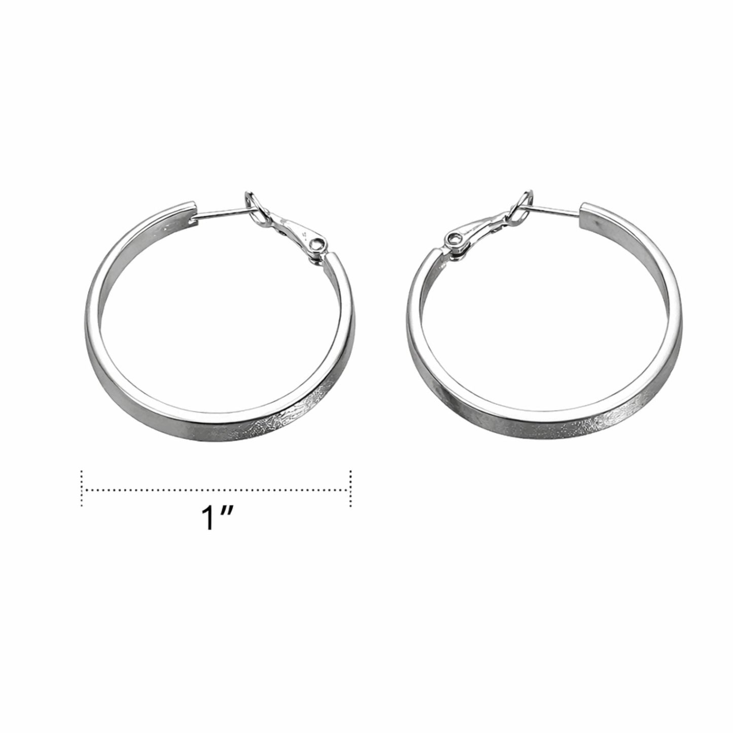 Pair of silver hoop earrings with a measurement indicator on a white background