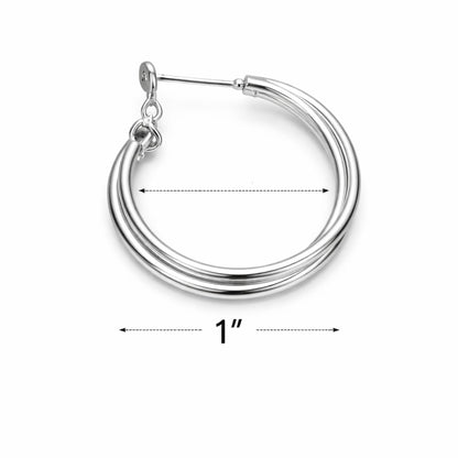 Silver hoop earring with measurement on a white background