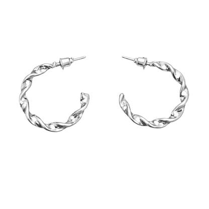 Pair of silver hoop earrings on a white background