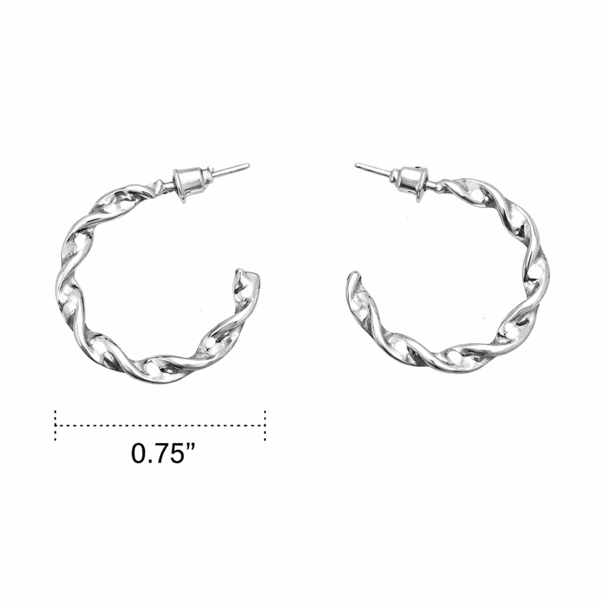 Pair of silver hoop earrings with a measurement label on a white background