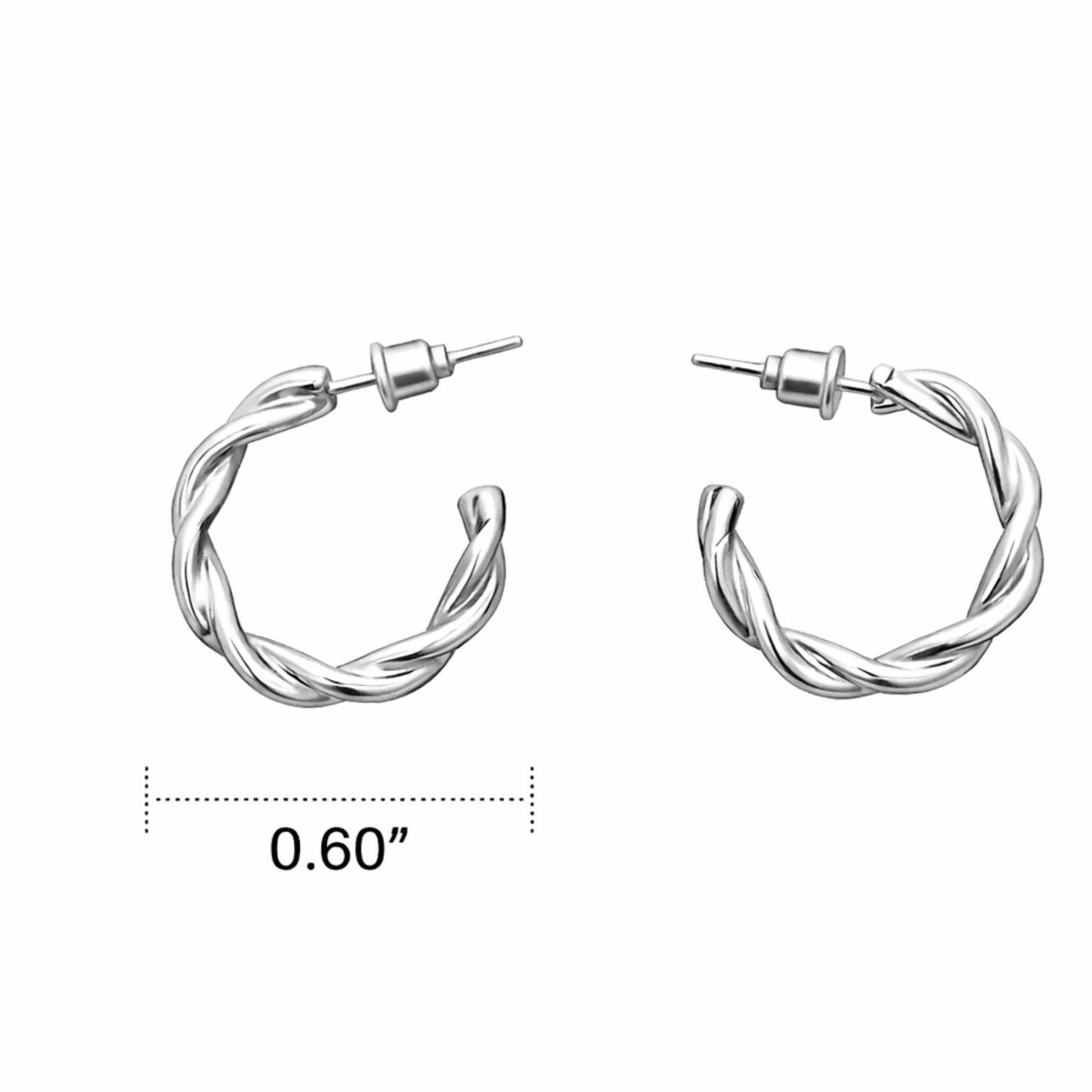 Silver hoop earrings with a measurement label on a white background