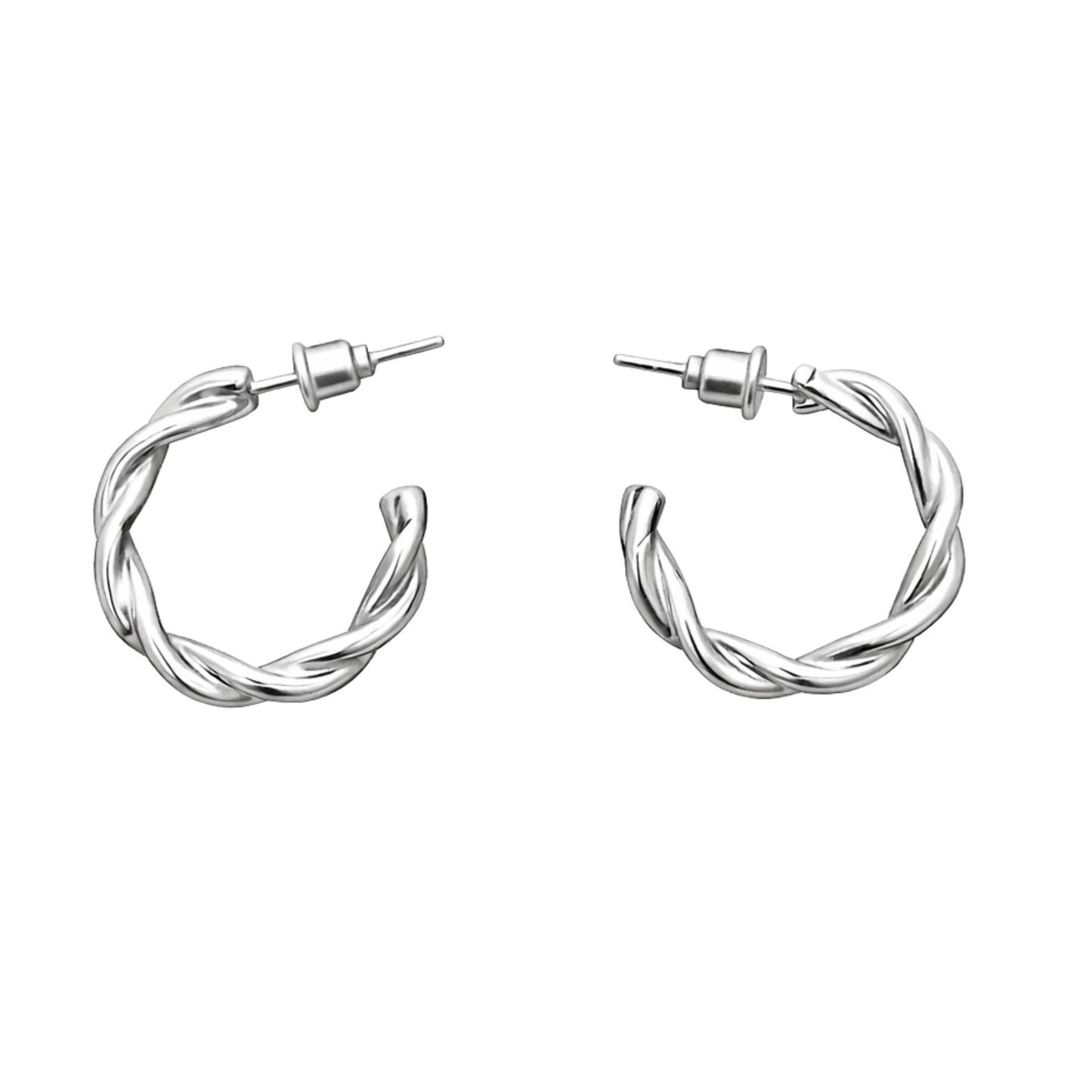 Pair of silver hoop earrings on a white background