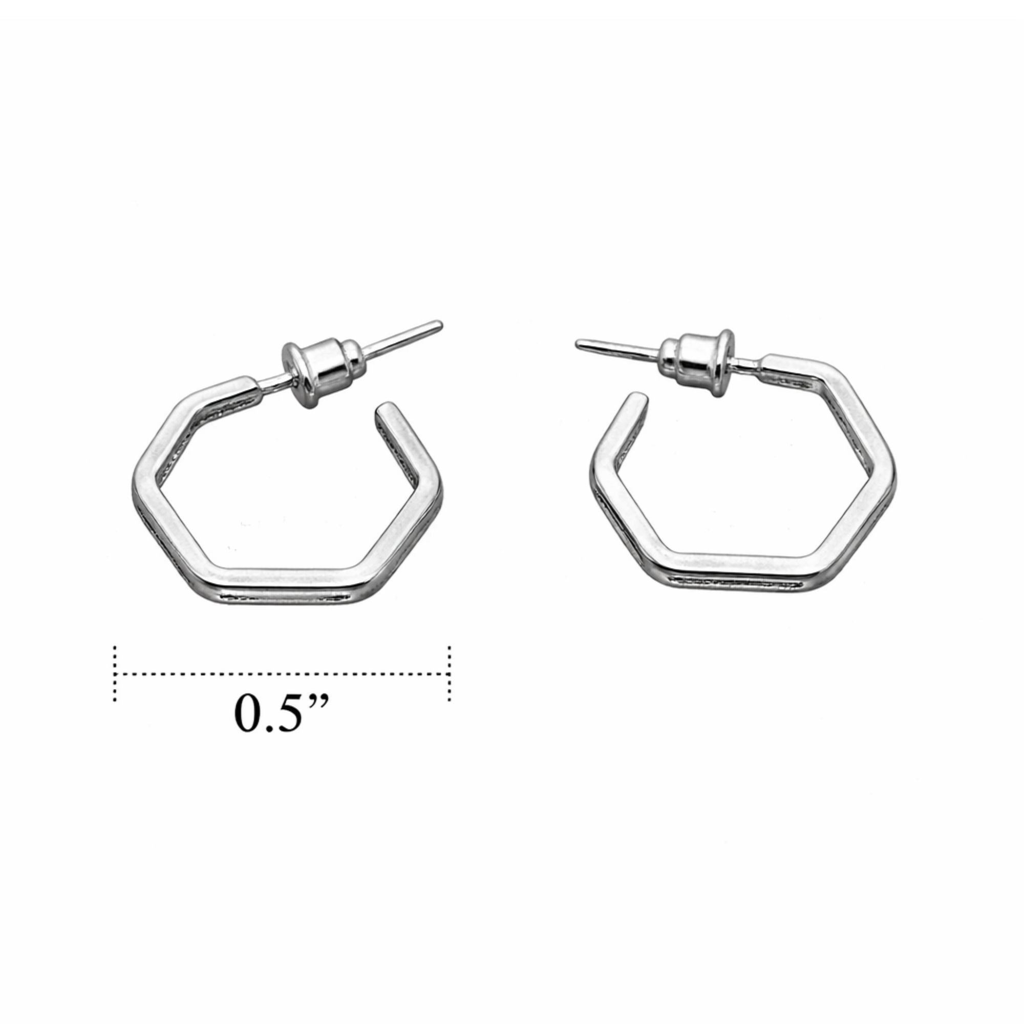 Hexagon Silver Hoop Earrings 0.5" Diameter Small Geometric Fashion Jewelry Earing product detail image