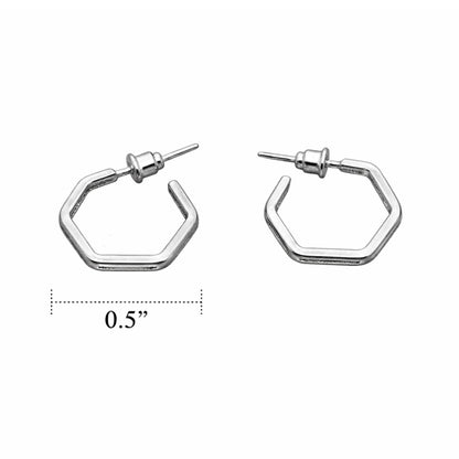 Hexagonal hoop earrings with a measurement label on a white background