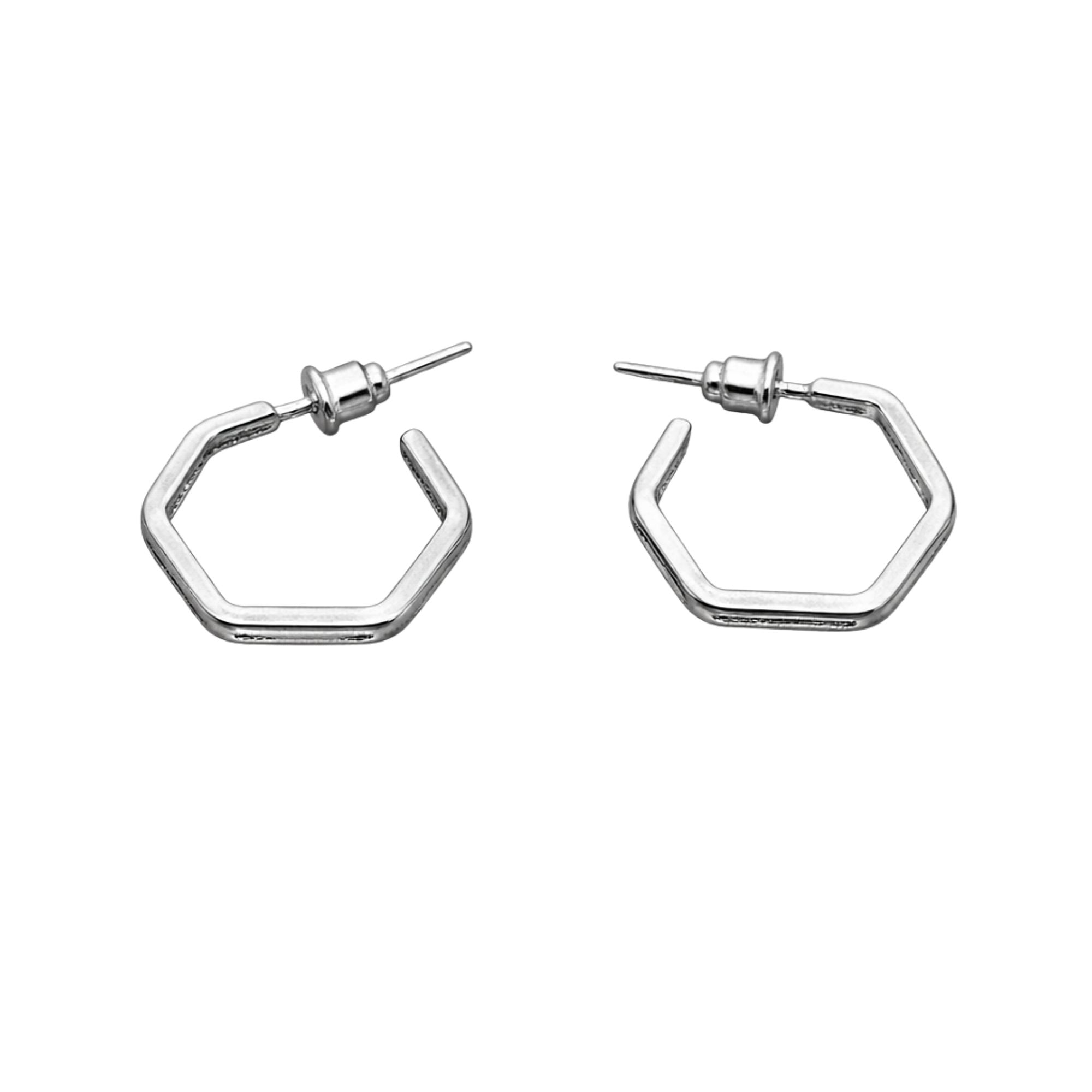 Hexagon Silver Hoop Earrings 0.5" Diameter Small Geometric Fashion Jewelry Earing size and feature image