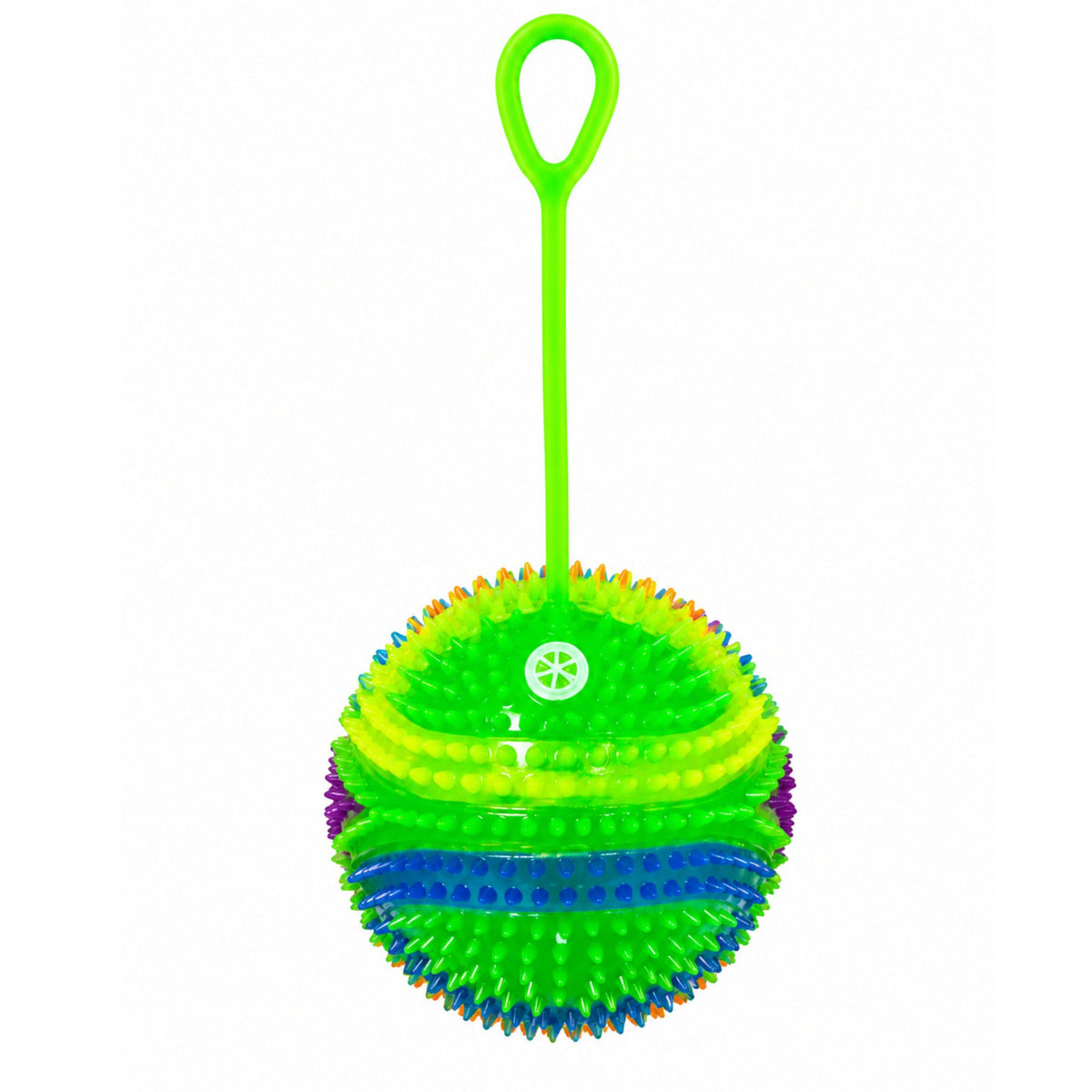 Green light-up spiky bouncy ball toy with stretchy finger loop, colorful sensory spikes, textured surface, and vibrant blue and yellow accents on a white background.