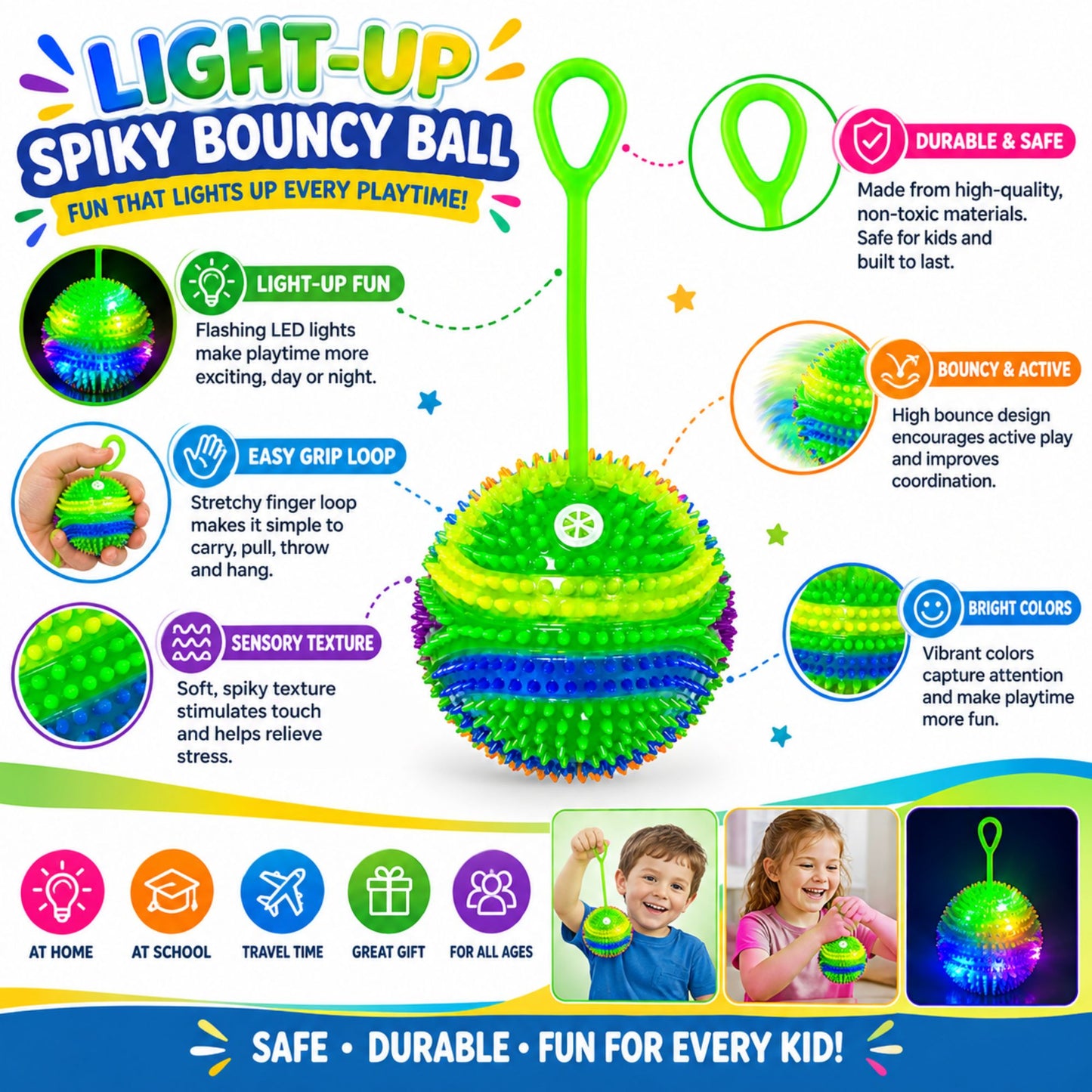 Light-up spiky bouncy ball toy with stretchy finger loop, flashing LED lights, colorful sensory texture, bouncy design, durable construction, and easy-grip loop shown with product feature callouts.