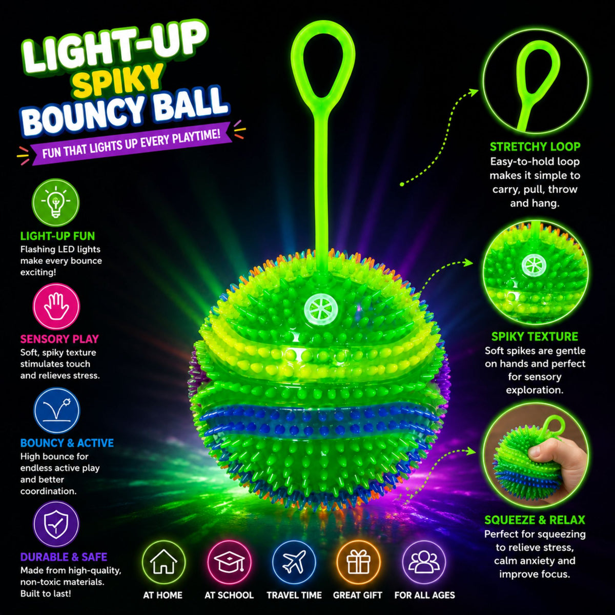 Light-up spiky bouncy ball toy with stretchy finger loop, colorful sensory spikes, flashing LED lights, bouncy design, squeeze-friendly texture, and durable construction shown in an A+ feature graphic.