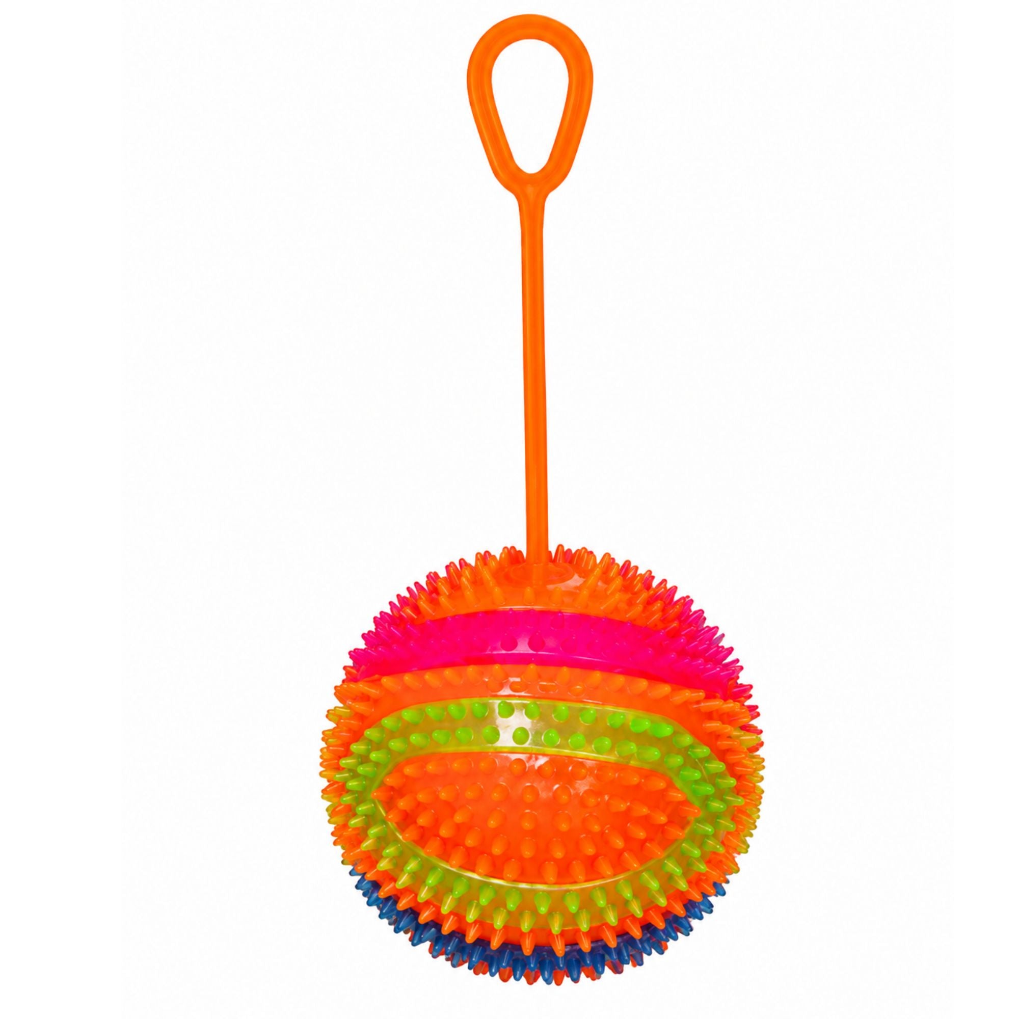 Colorful light-up spiky bouncy ball toy with an orange stretchy finger loop, textured sensory spikes, and vibrant multicolor design on a white background.