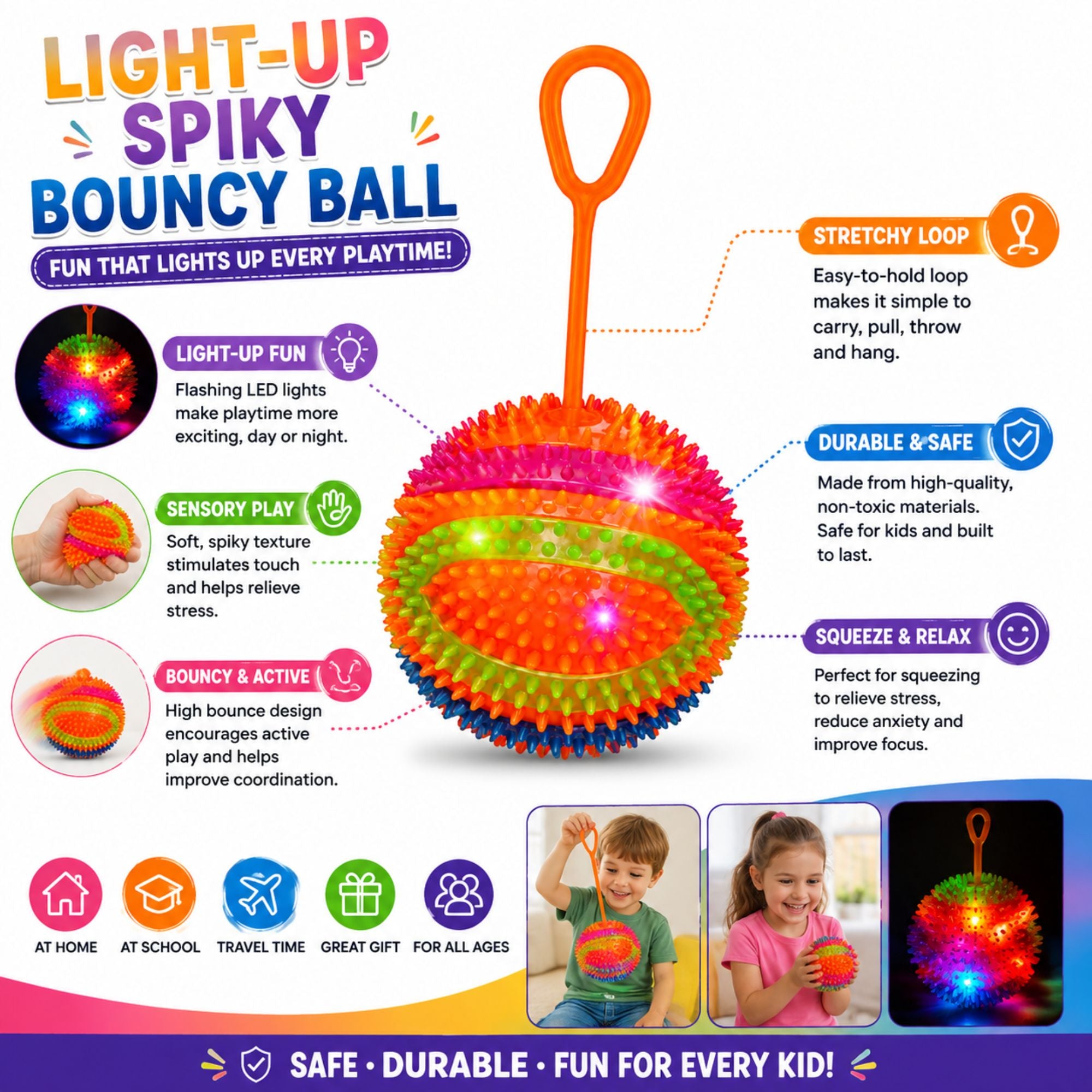 Light-up spiky bouncy ball toy with stretchy finger loop, colorful sensory texture, flashing LED lights, bouncy design, easy-grip loop, and feature highlights for active and sensory play.