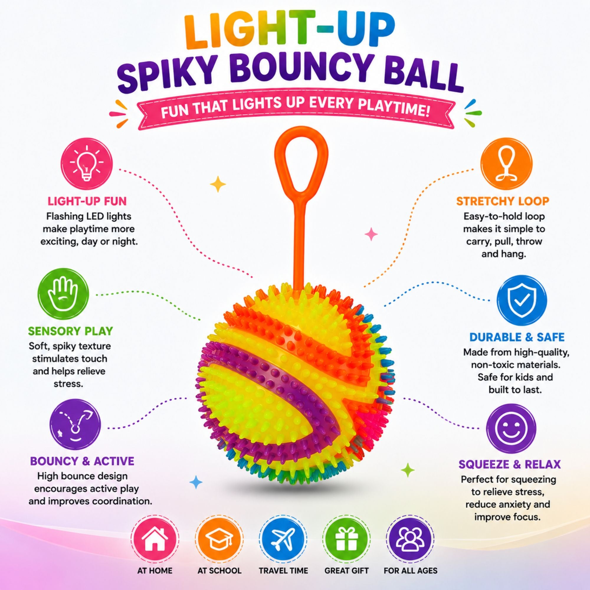Light-up spiky bouncy ball toy with stretchy finger loop, colorful sensory spikes, flashing LED lights, bouncy design, easy-grip loop, and feature highlights for active and sensory play.
