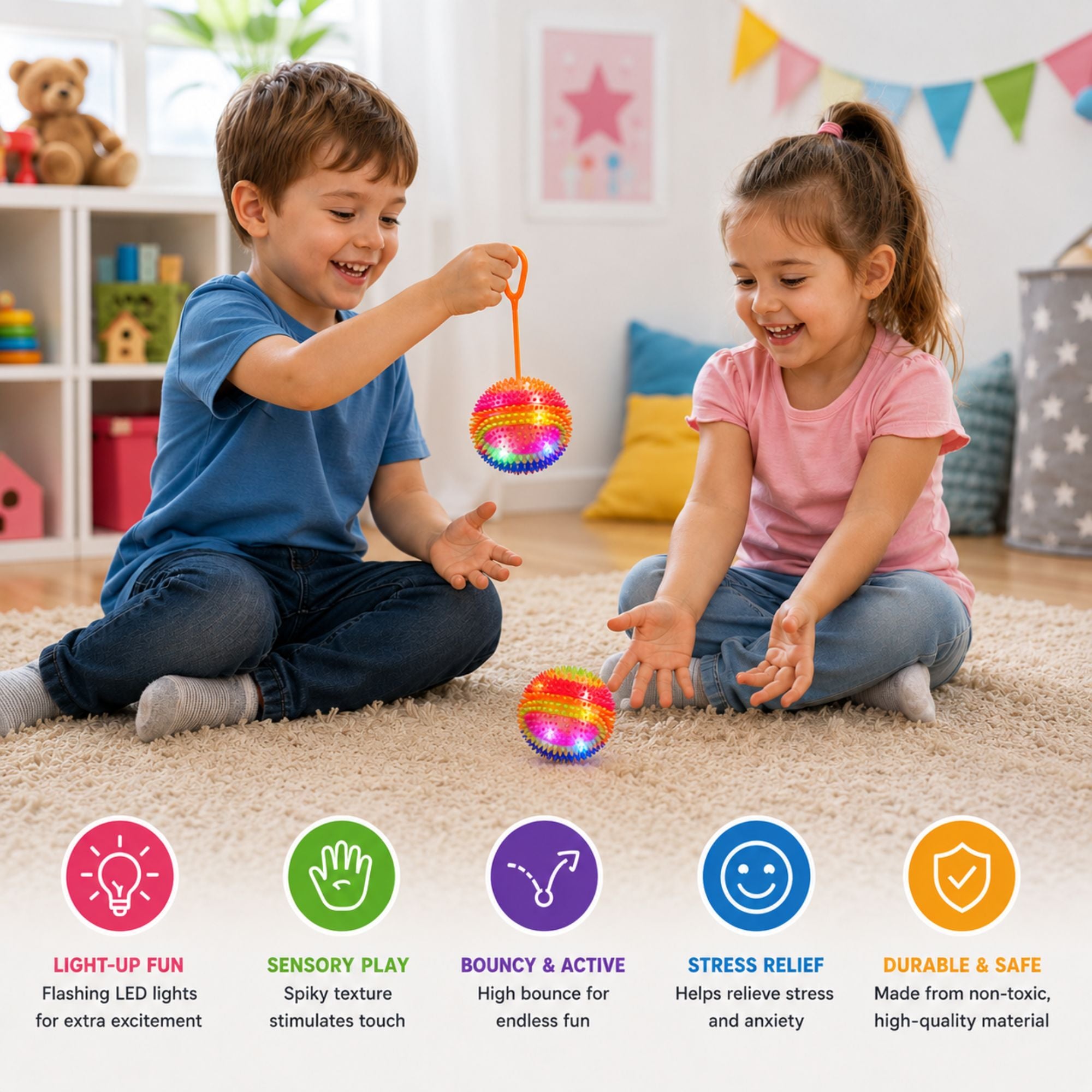 Two children playing with a colorful light-up spiky bouncy ball toy featuring a stretchy finger loop, flashing LED lights, sensory texture, and bouncy design in a cheerful playroom.