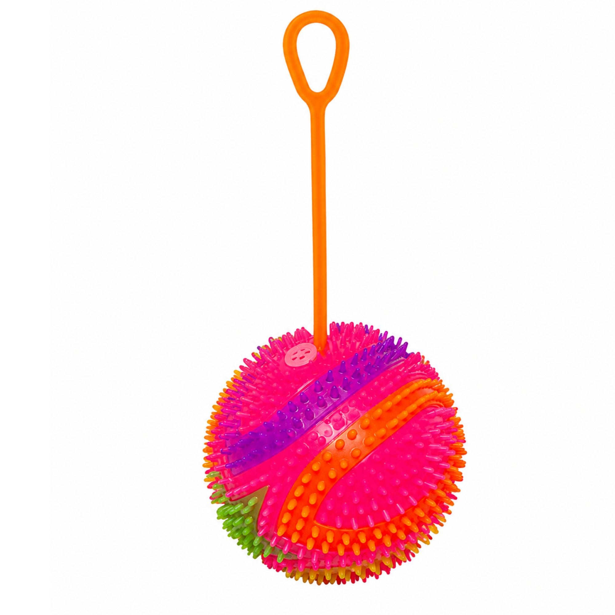 Colorful light-up spiky bouncy ball toy with an orange stretchy finger loop, vibrant pink and orange sensory spikes, and textured surface on a white background.